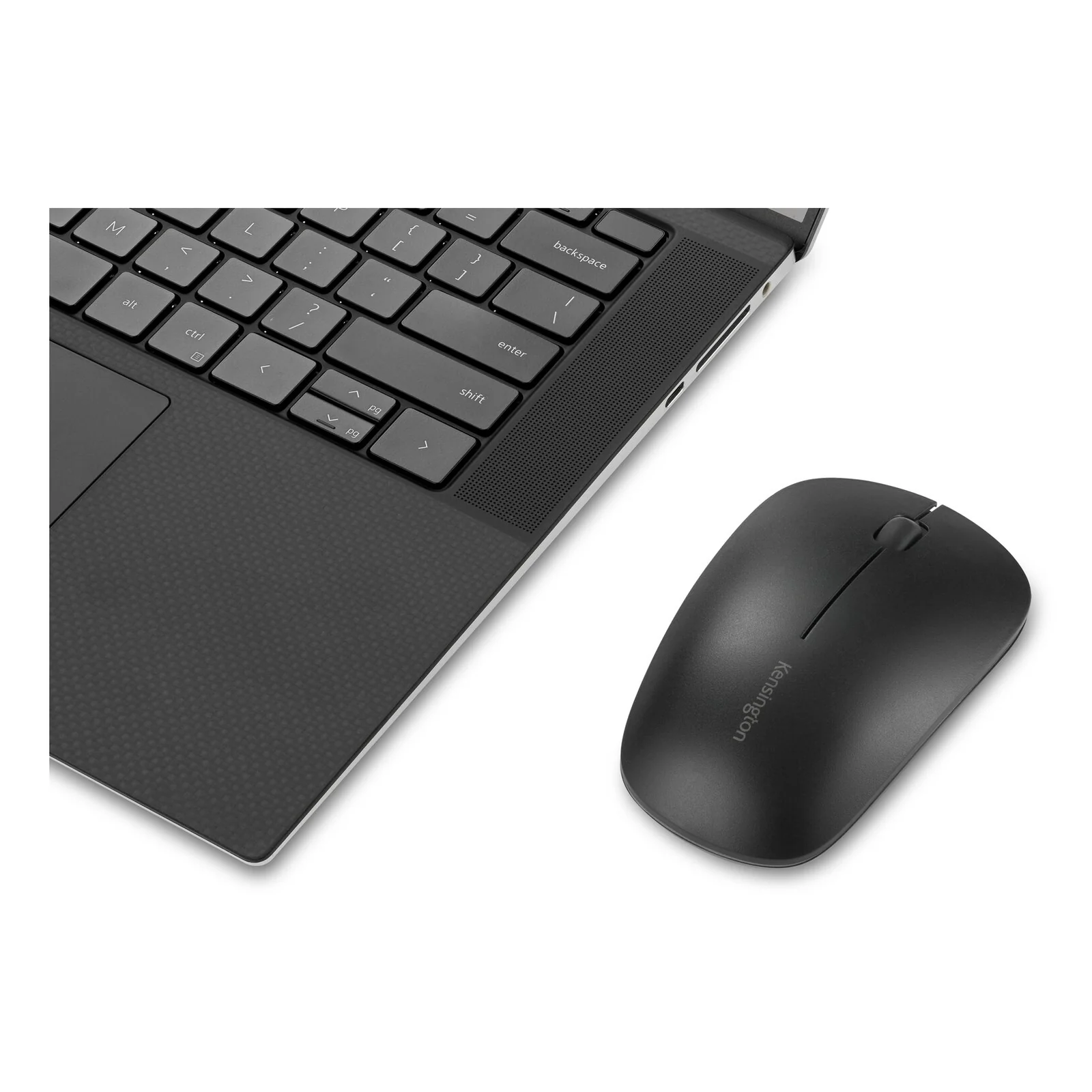 Souris MY230 EQ noire posée sur un bureau à côté d'un clavier d'ordinateur portable