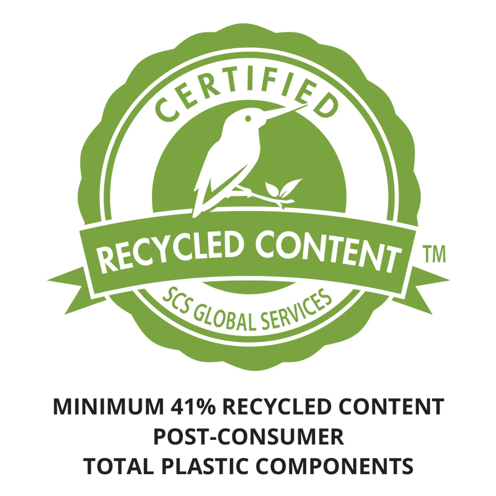 Certification contenu recyclé SCS Global Services, minimum 41% post-consommation composants plastiques