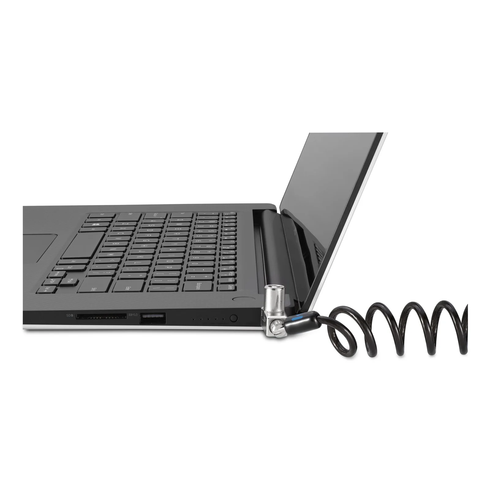 Câble antivol Kensington branché dans l'encoche d'un ordinateur portable fin sur surface noire