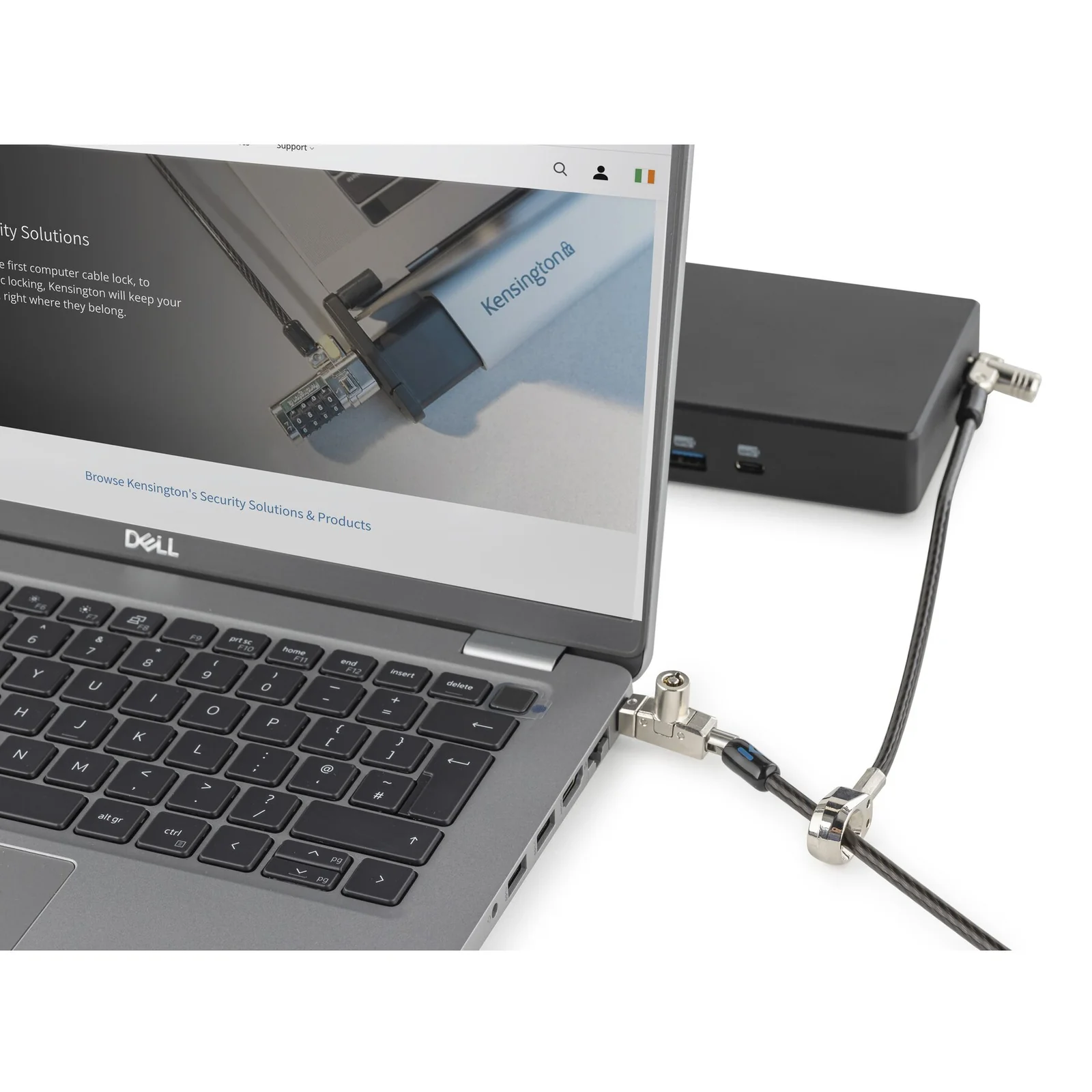 Câble Kensington sécurisant simultanément un laptop Dell noir et un dock de bureau sur surface grise