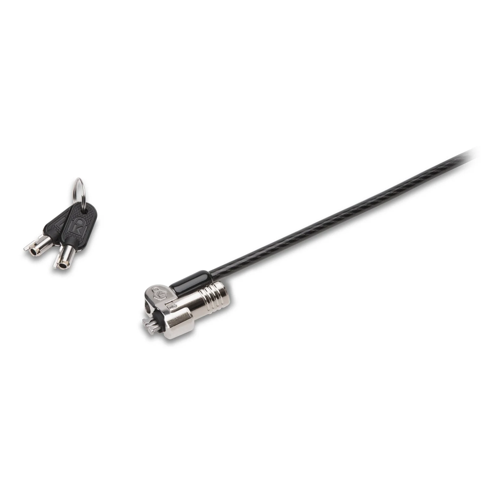 Vue complète du câble NanoSaver avec tête de verrou cylindrique et deux clés, fond blanc