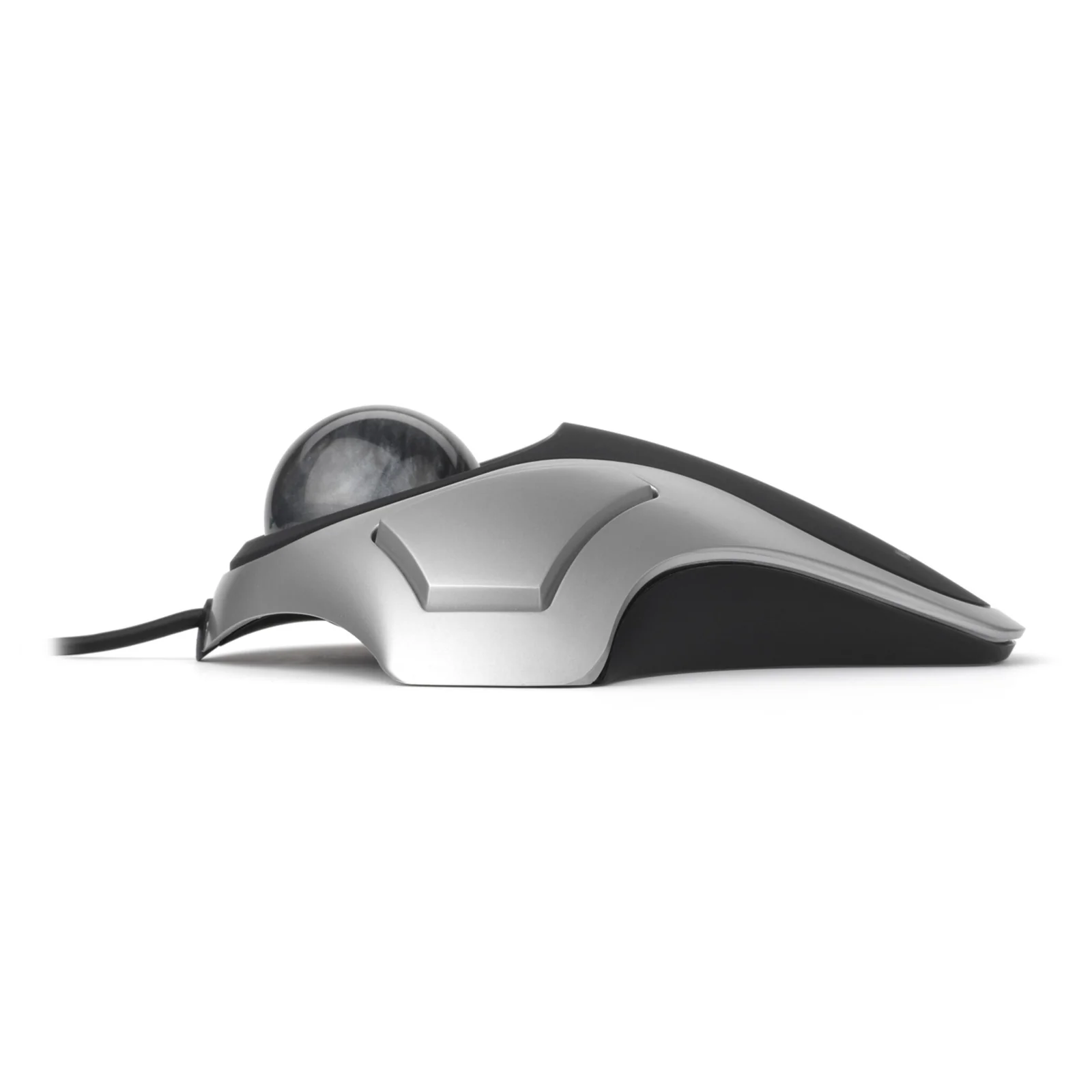 Kensington Orbit, vue de profil gauche, boule noire en relief, corps gris argenté, câble USB