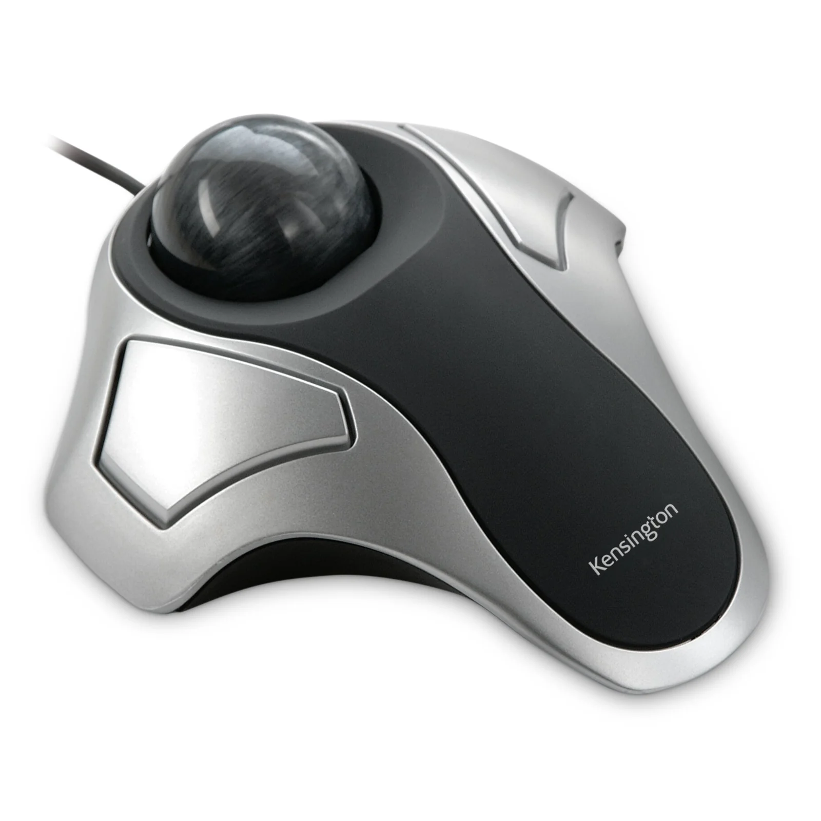 Kensington Orbit, vue de trois quarts avant, boule noire, corps gris et noir, câble USB visible