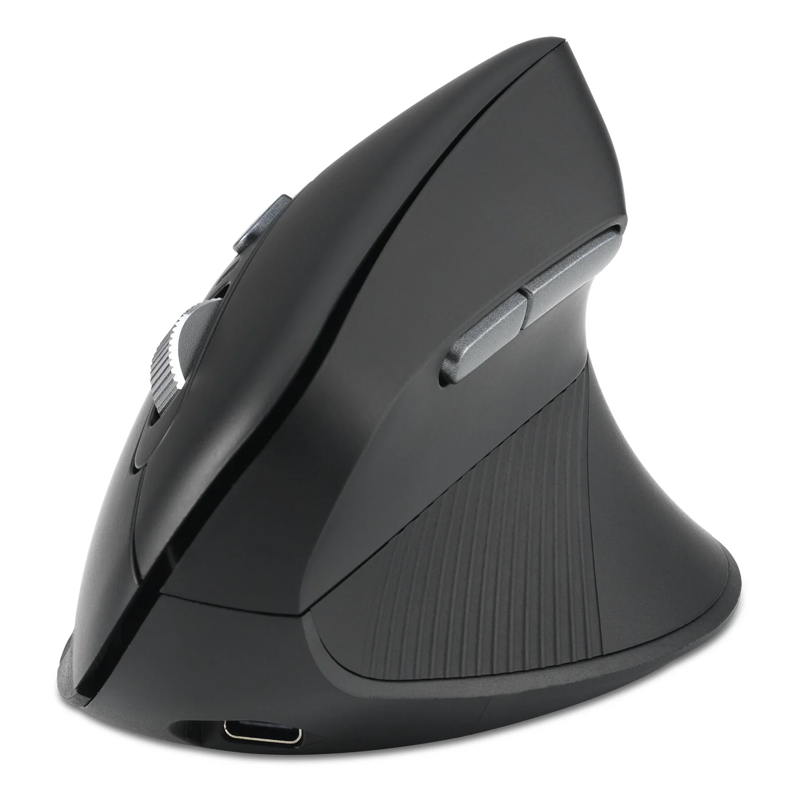 Profil inférieur de la souris montrant le port USB-C de charge, fond blanc