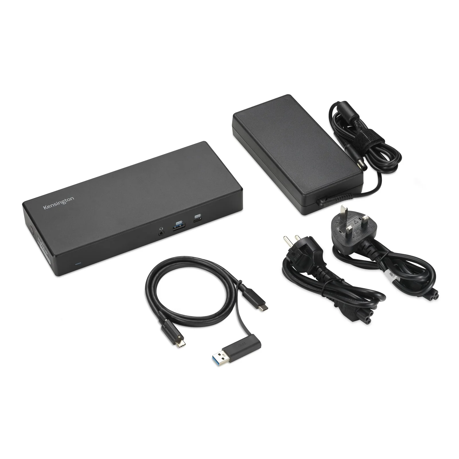 Contenu boîte Kensington SD4781P EQ, station d'accueil, câble USB-C, adaptateur secteur et câbles