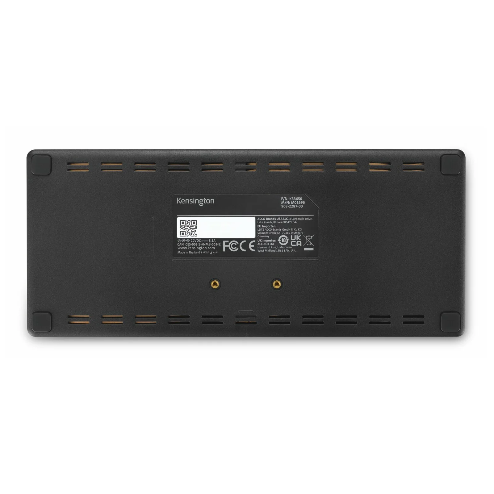 Station d'accueil Kensington SD4781P EQ noire, vue de dessous avec étiquettes de certification
