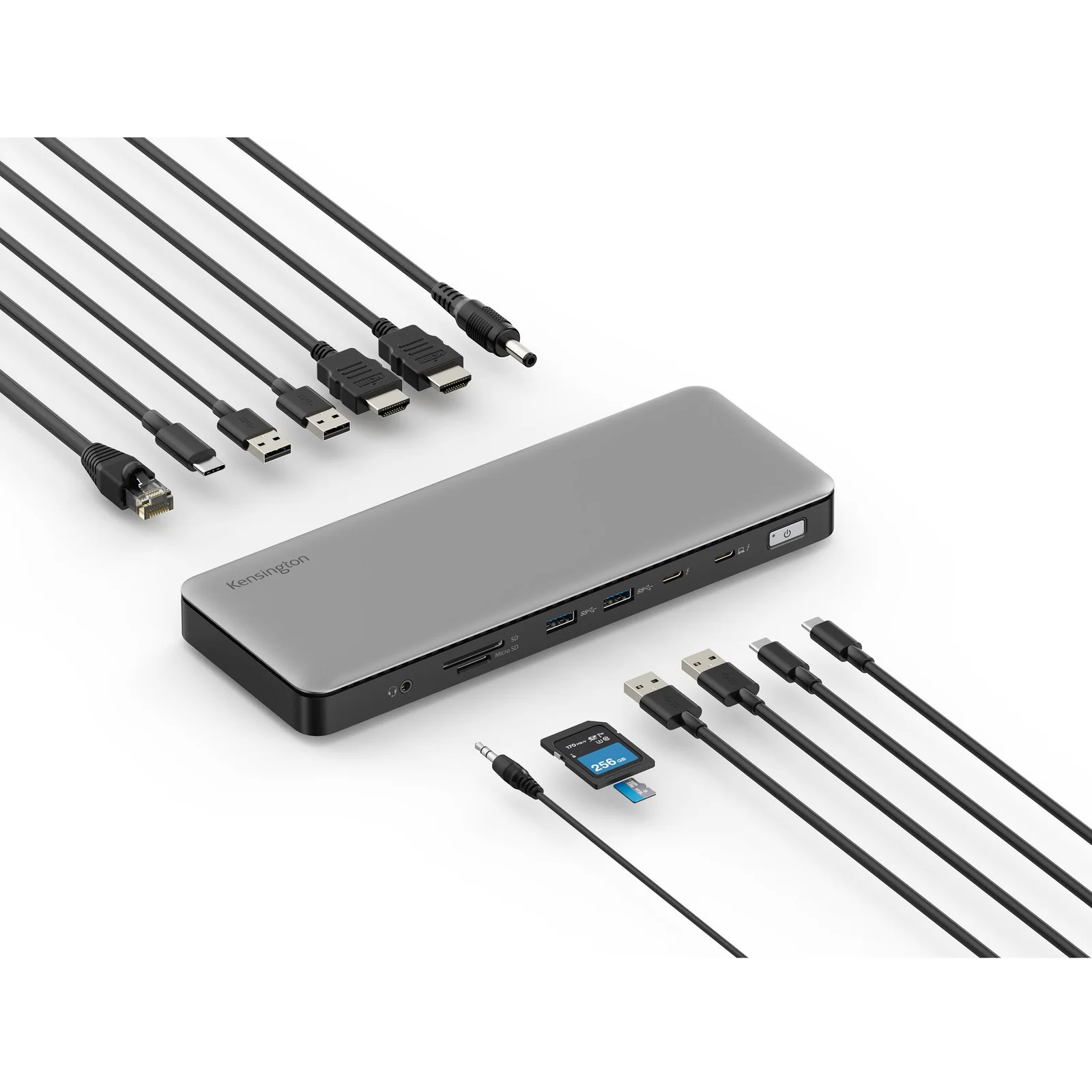 Station d'accueil SD5760T avec tous ses câbles déployés, vue d'ensemble des connectiques disponibles