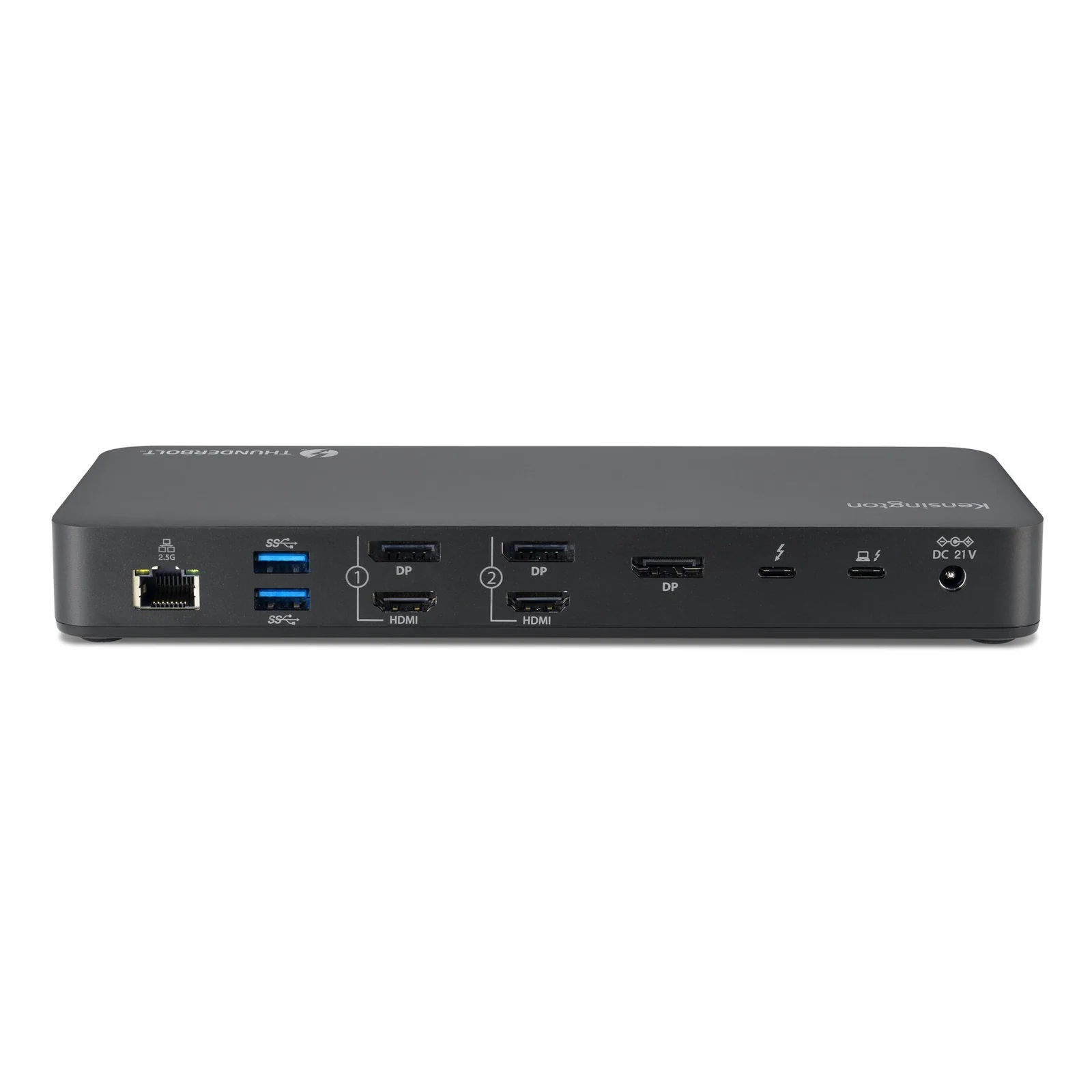 Kensington SD5920T vue de côté gauche, ports USB-A, USB-C, Ethernet RJ45 et sorties vidéo alignés