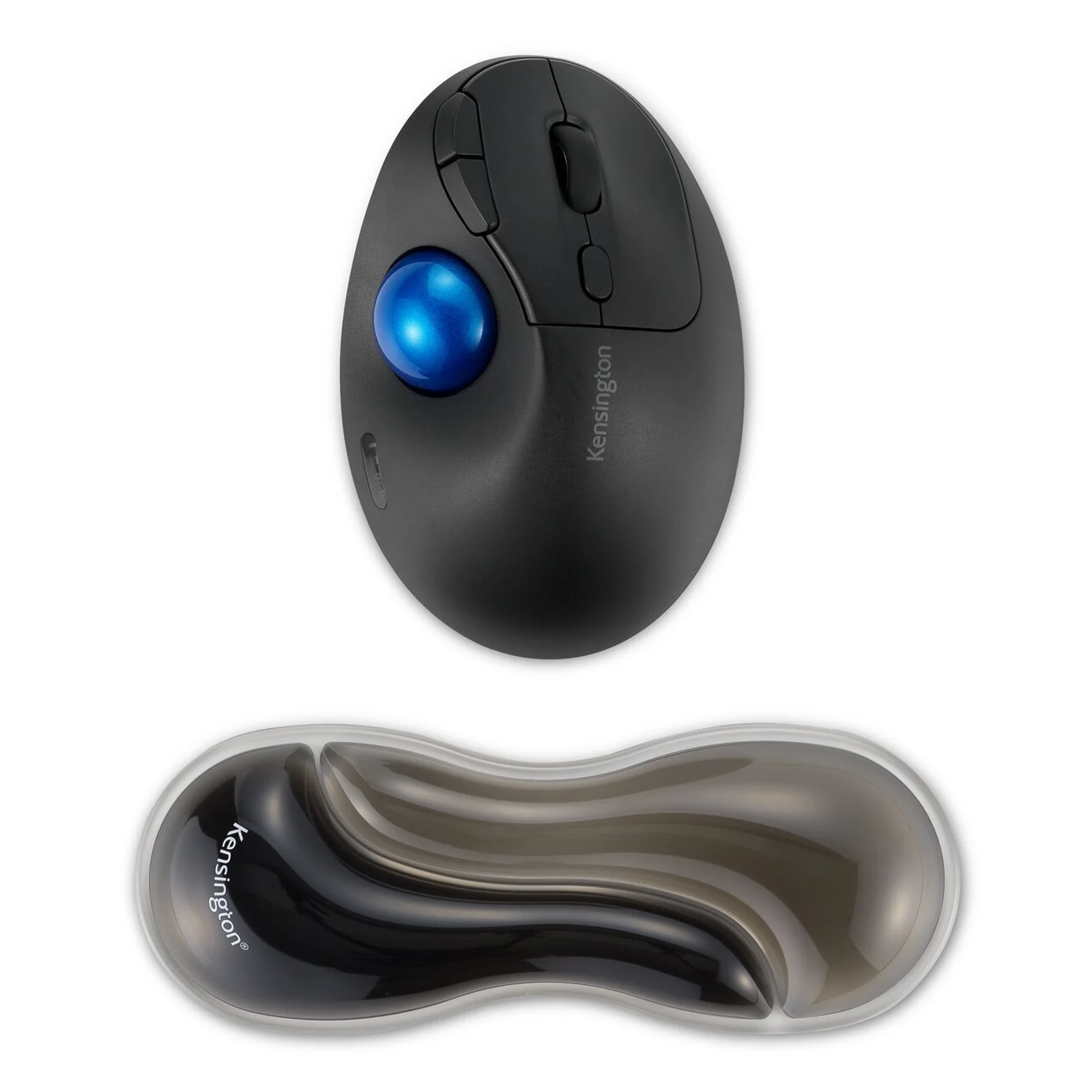Trackball ergonomique noir à boule bleue posé à côté du repose-poignet Slim Duo Gel gris, vue de dessus