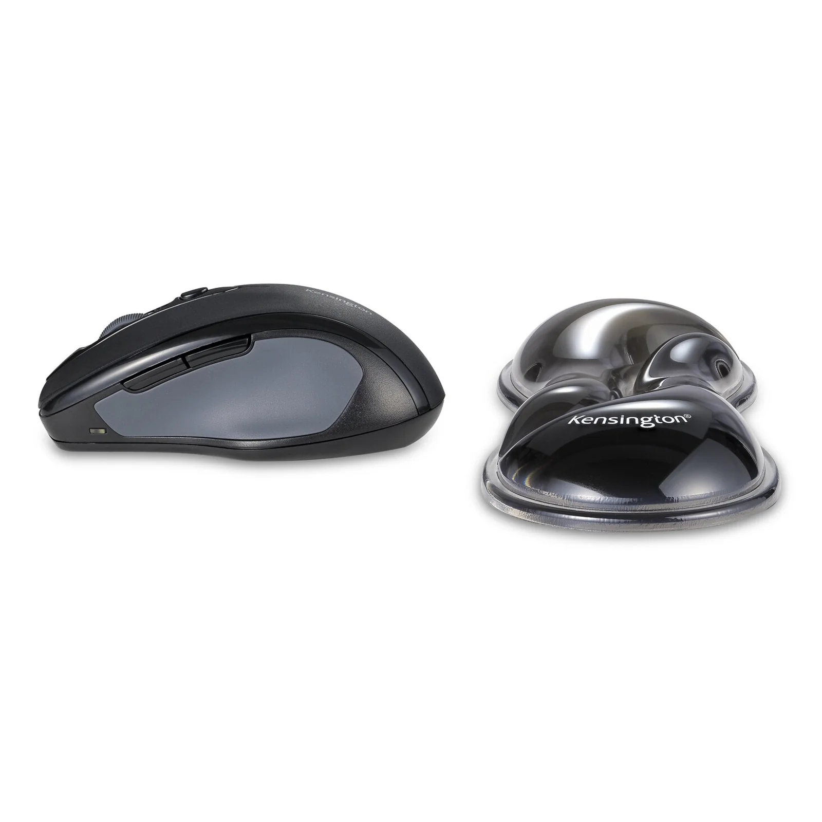 Vue de côté d'une souris noire Kensington posée à côté du repose-poignet Slim Duo Gel gris