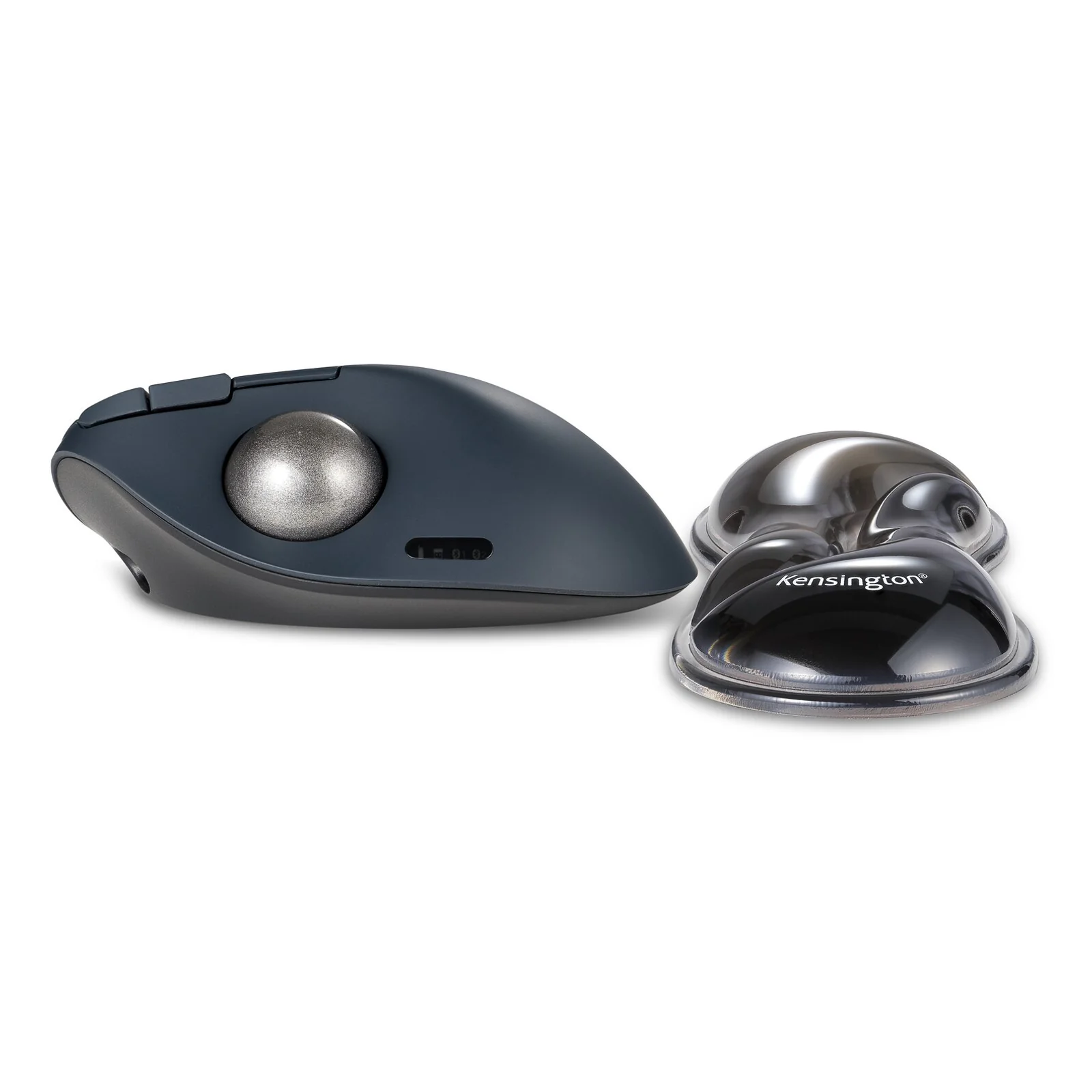 Trackball ardoise à boule bleue et repose-poignet Slim Duo Gel gris, vue de côté