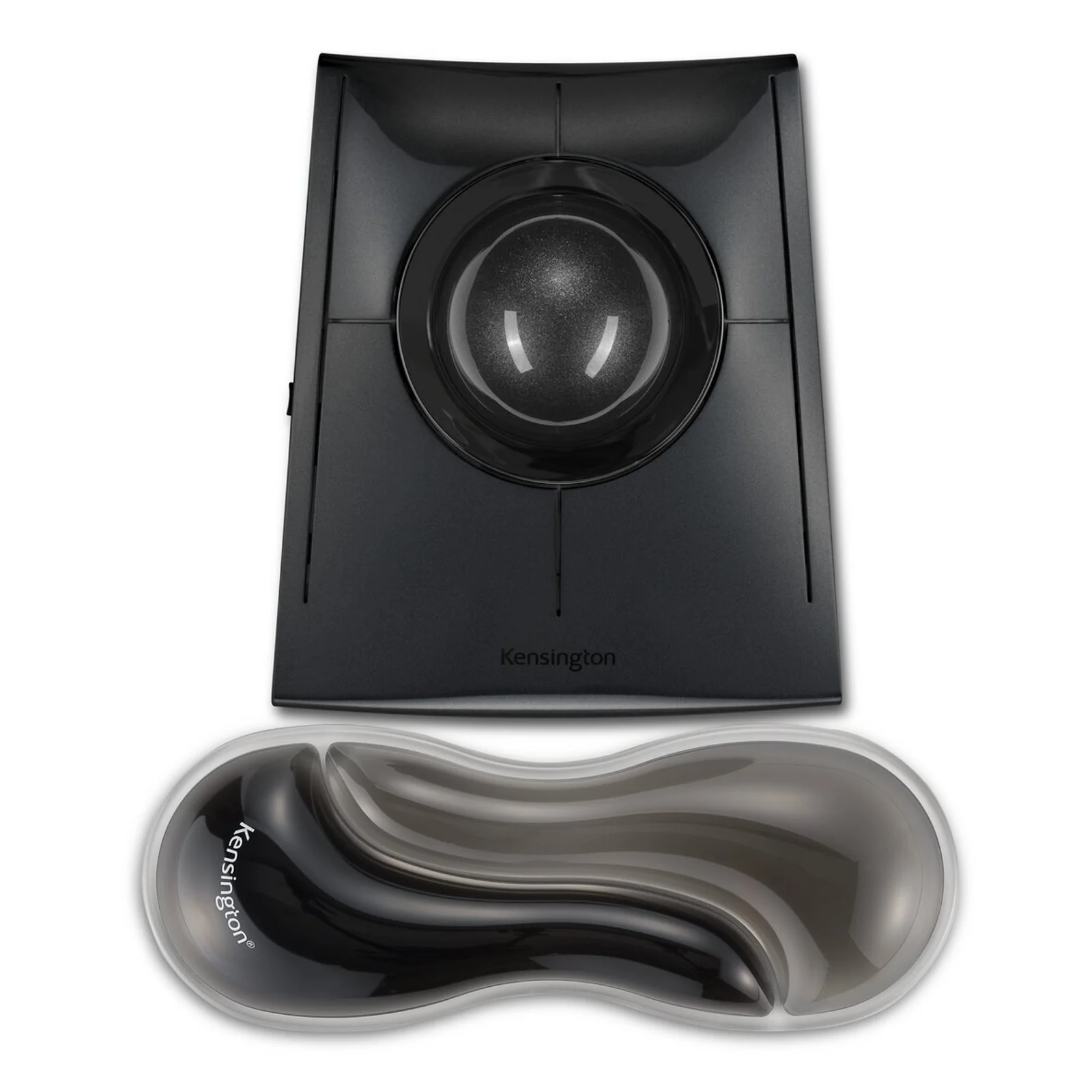 Grand trackball noir Kensington et repose-poignet Slim Duo Gel gris, vue de dessus