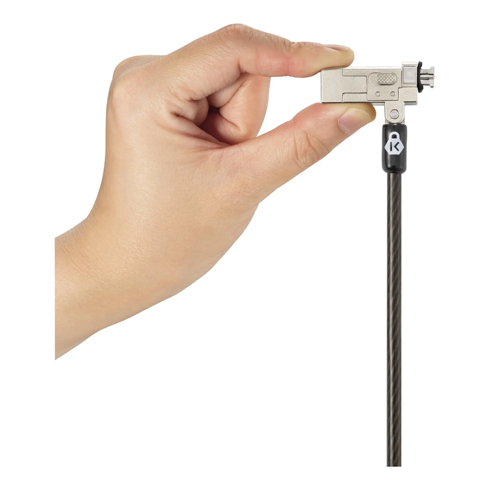 Verrou Kensington NanoSaver 2.0 tenu dans une main, montrant sa taille réduite