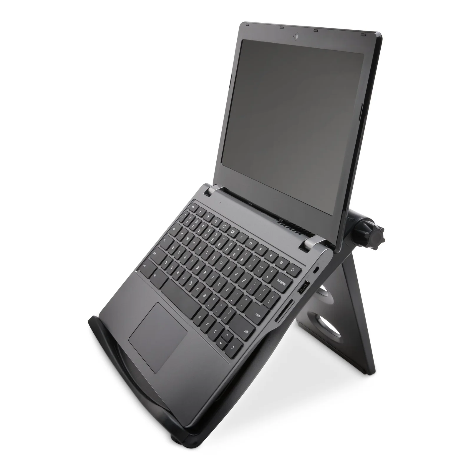 Ordinateur portable posé sur le rehausseur Kensington Easy Riser noir surélevé, vue de côté