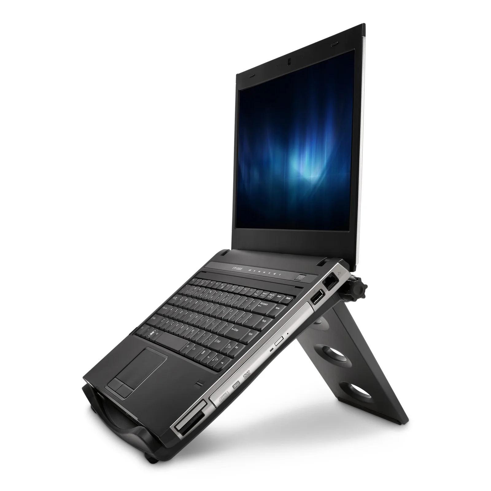 Rehausseur Kensington Easy Riser noir supportant un laptop, angle trois quarts