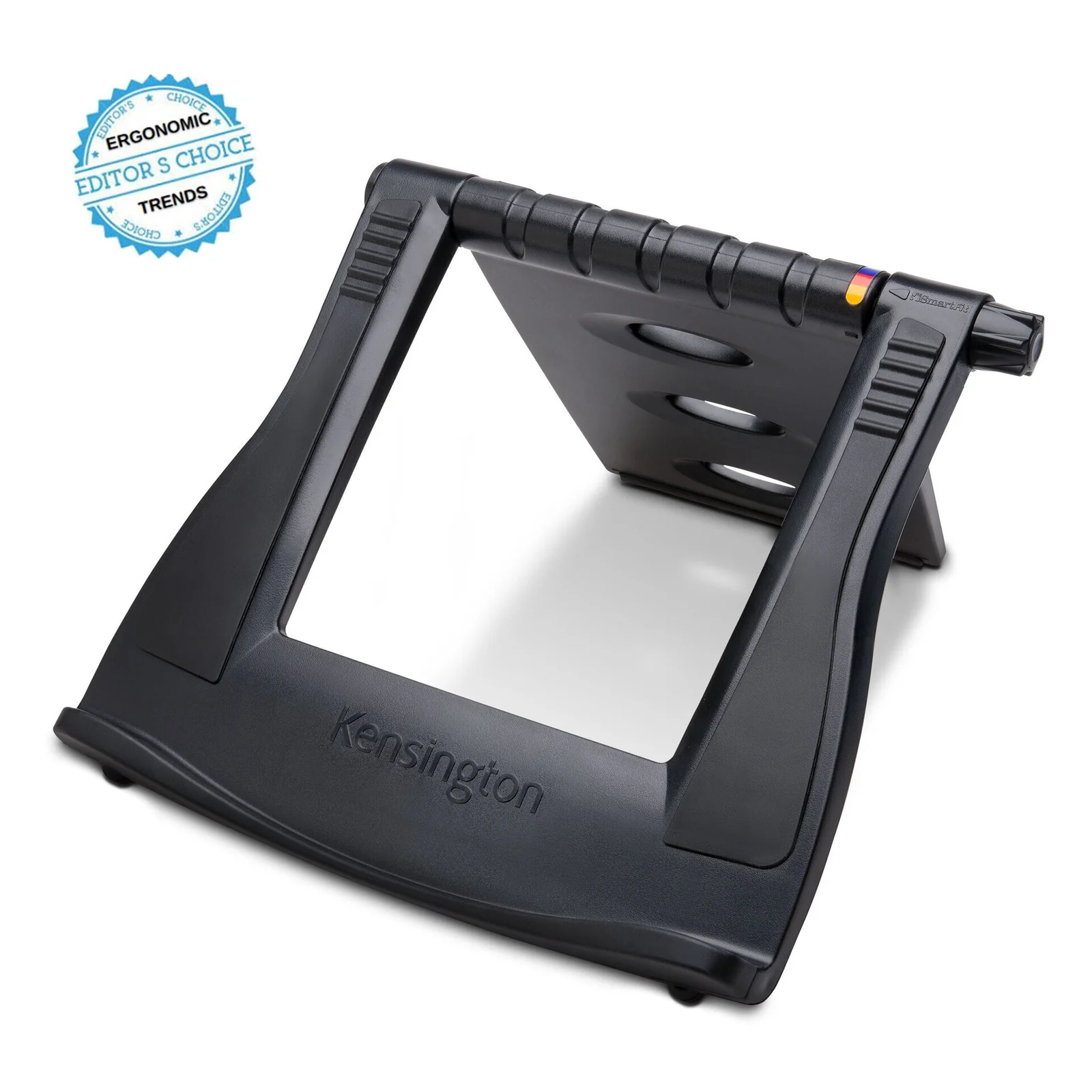 Rehausseur Kensington Easy Riser noir replié de face, badge de certification visible en bas à gauche