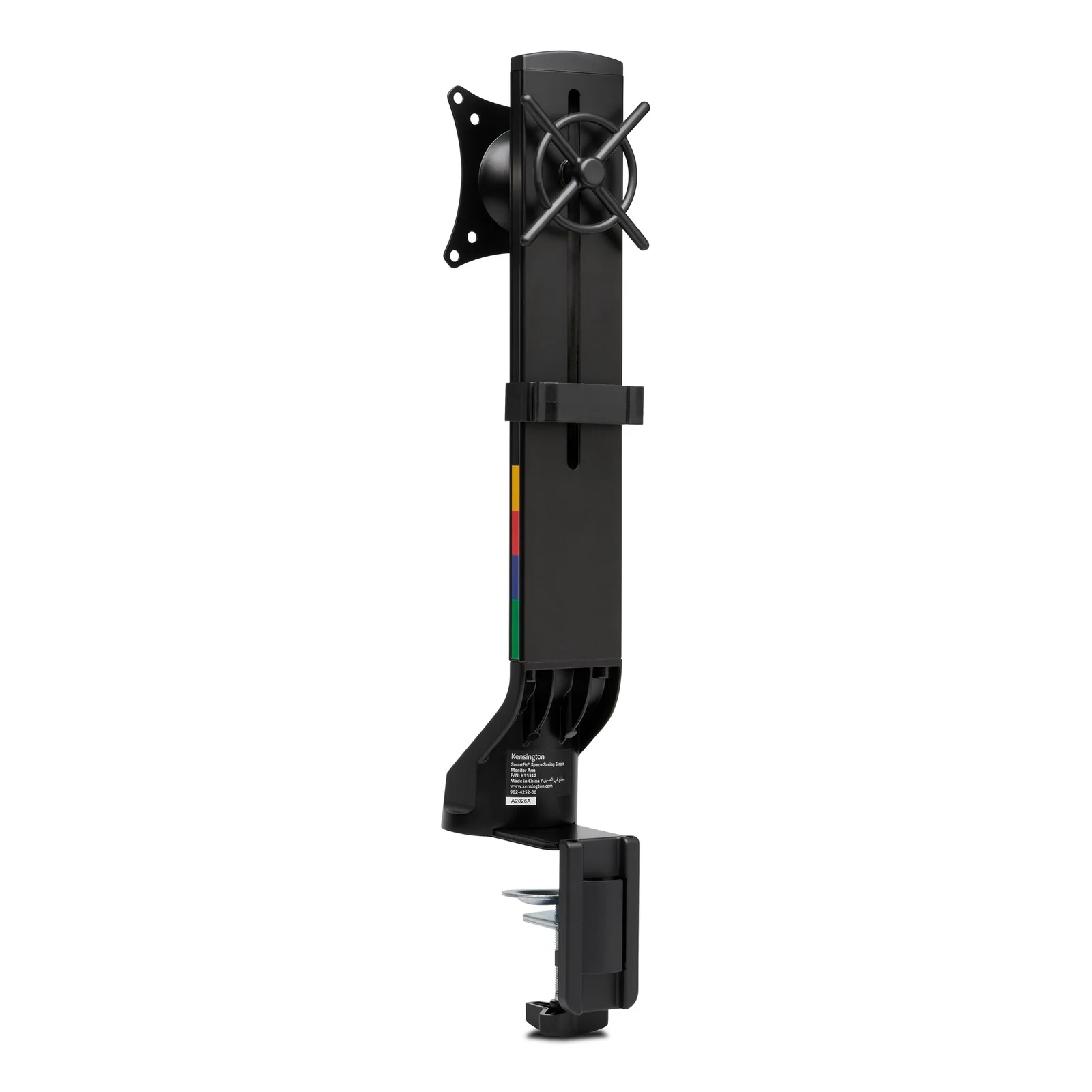 Profil latéral du bras Kensington SmartFit K55512WW noir, bande RGB visible sur la colonne, pince de fixation