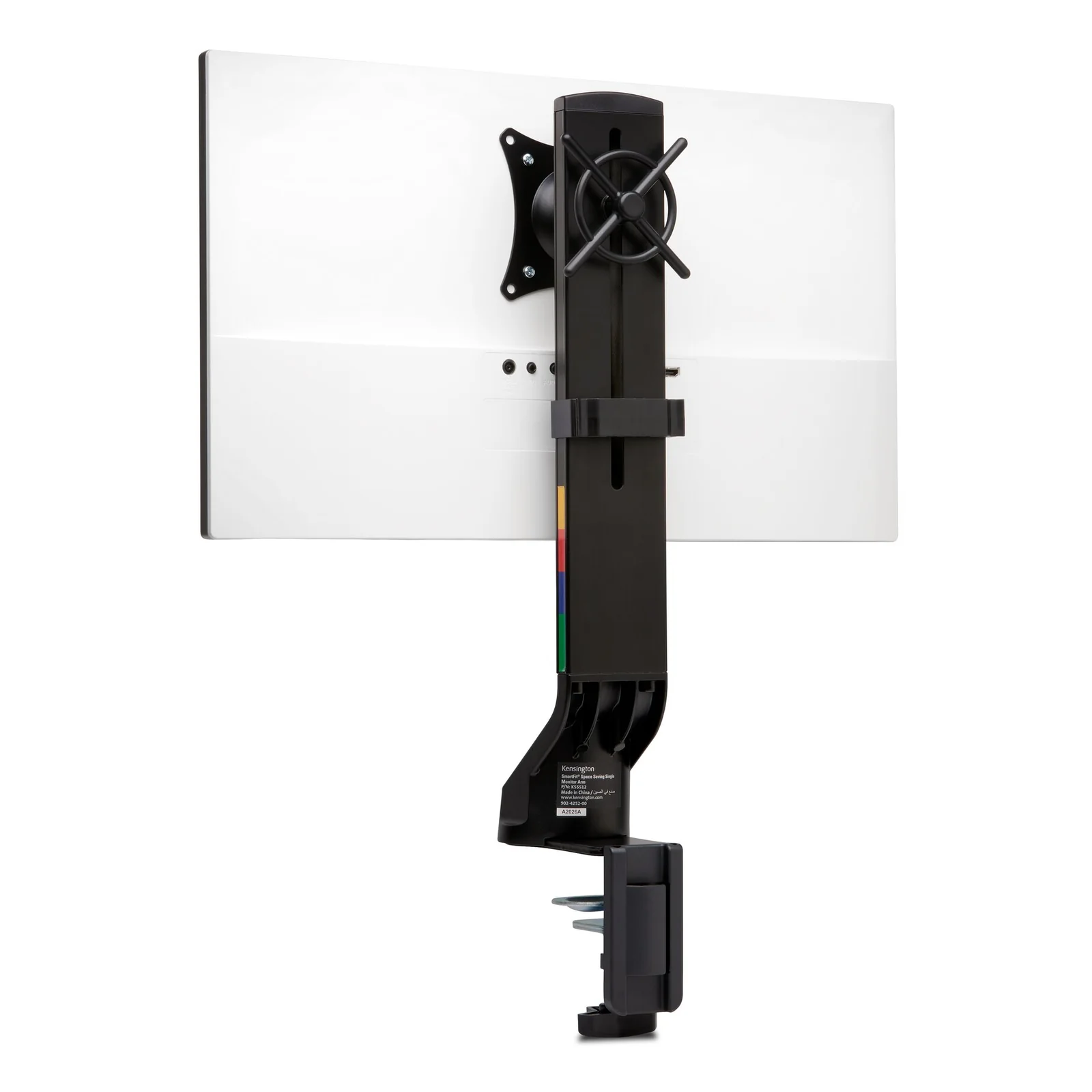 Vue arrière du bras SmartFit K55512WW avec moniteur fixé, colonne noire et montage VESA