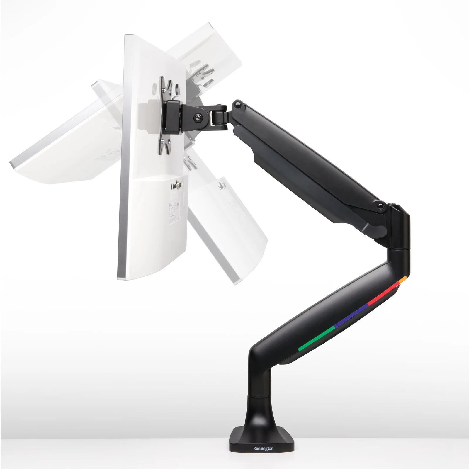 Bras Kensington K59600WW avec moniteur blanc monté, vue de côté, éclairage RGB visible, bras en extension