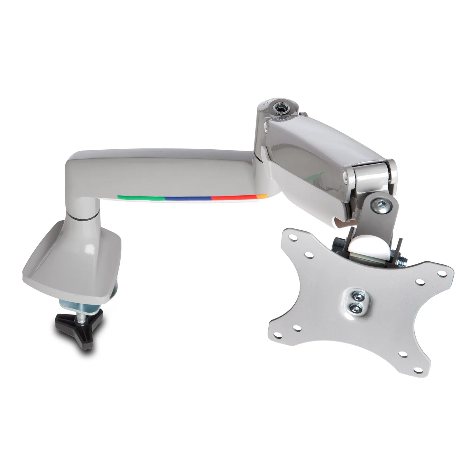 Vue de biais, bandeau coloré sur profilé du bras, platine VESA apparente, fond blanc