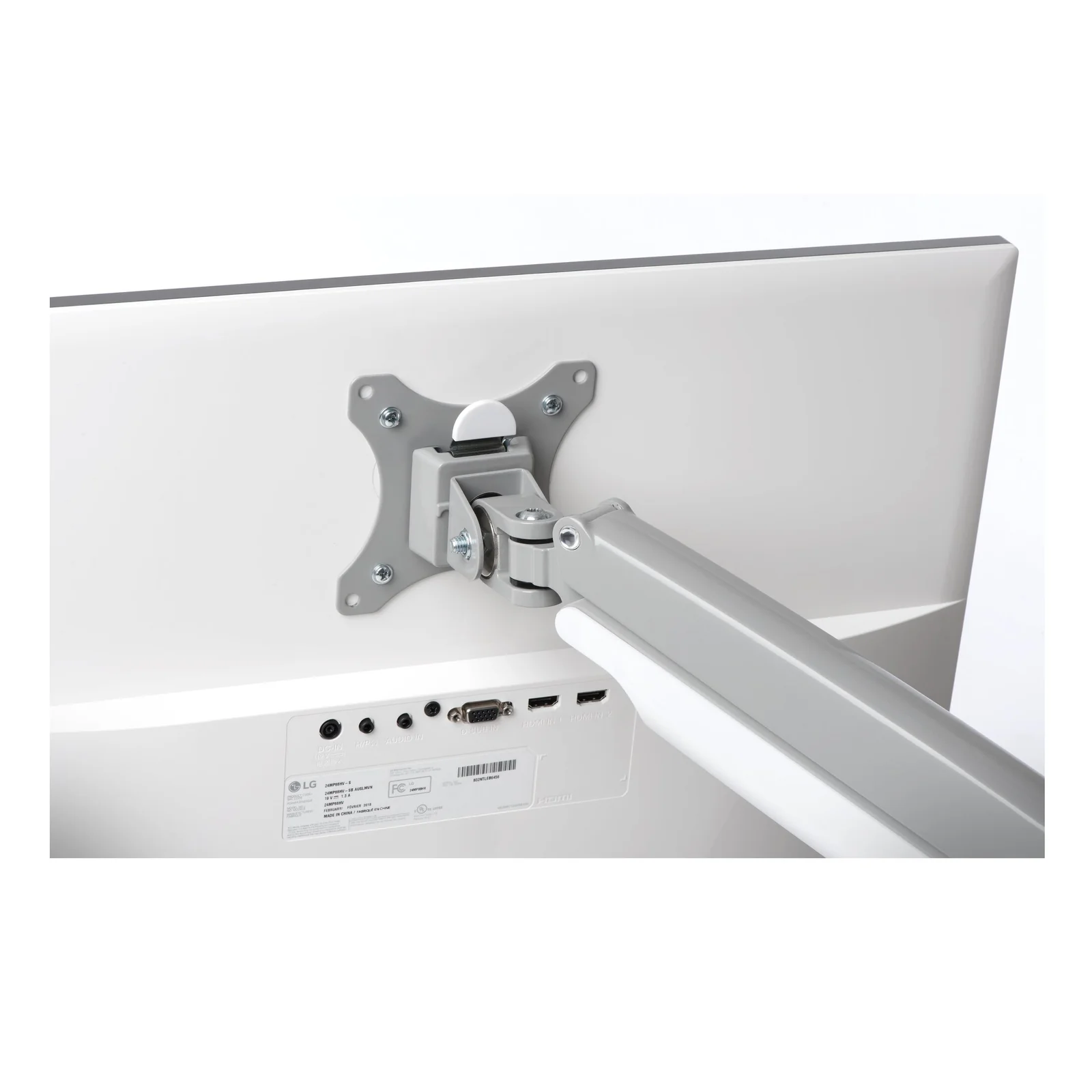 Vue arrière d'un moniteur sur le bras Kensington SmartFit One-Touch, support VESA et articulation visibles