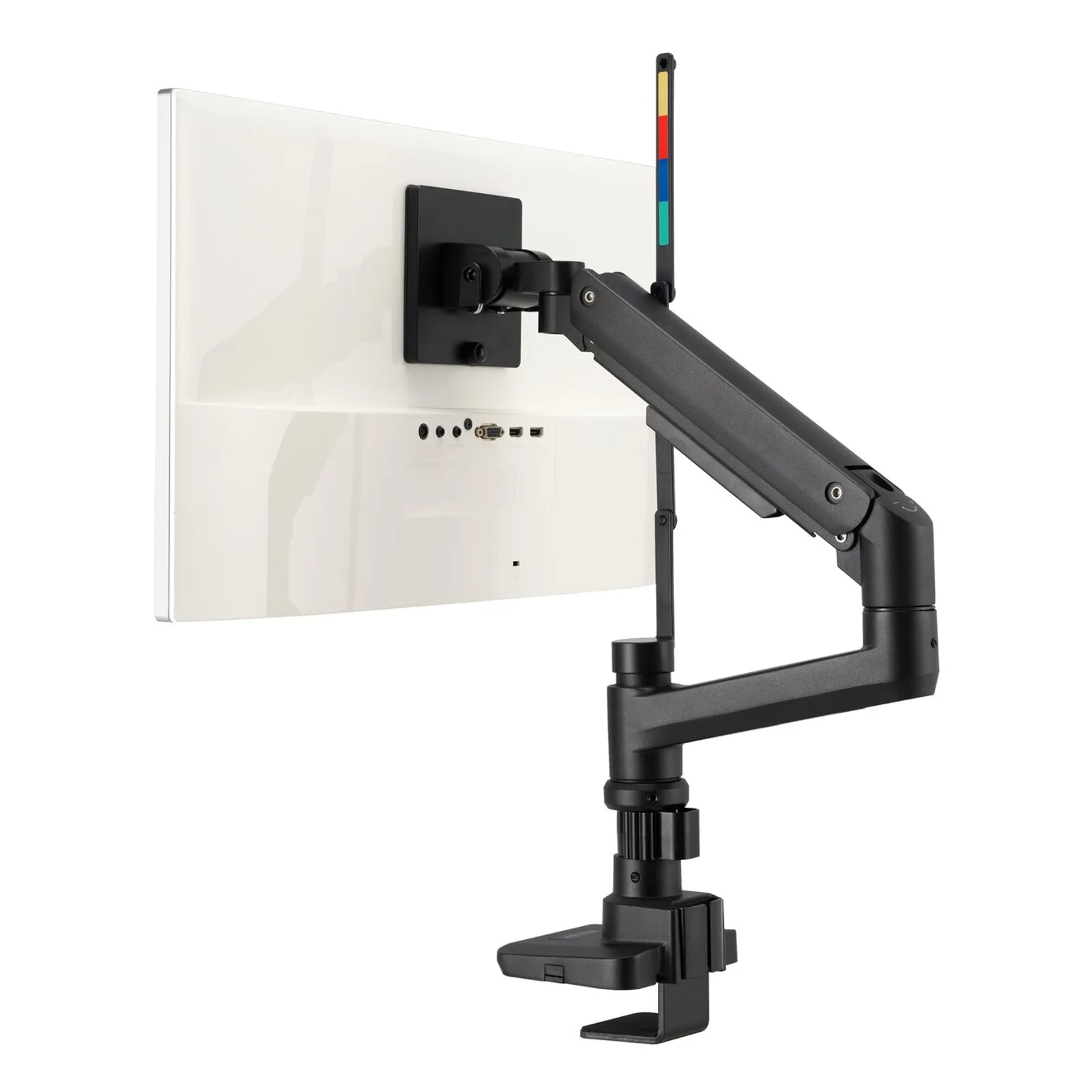 Bras noir avec moniteur blanc en paysage, vue de face, fond blanc