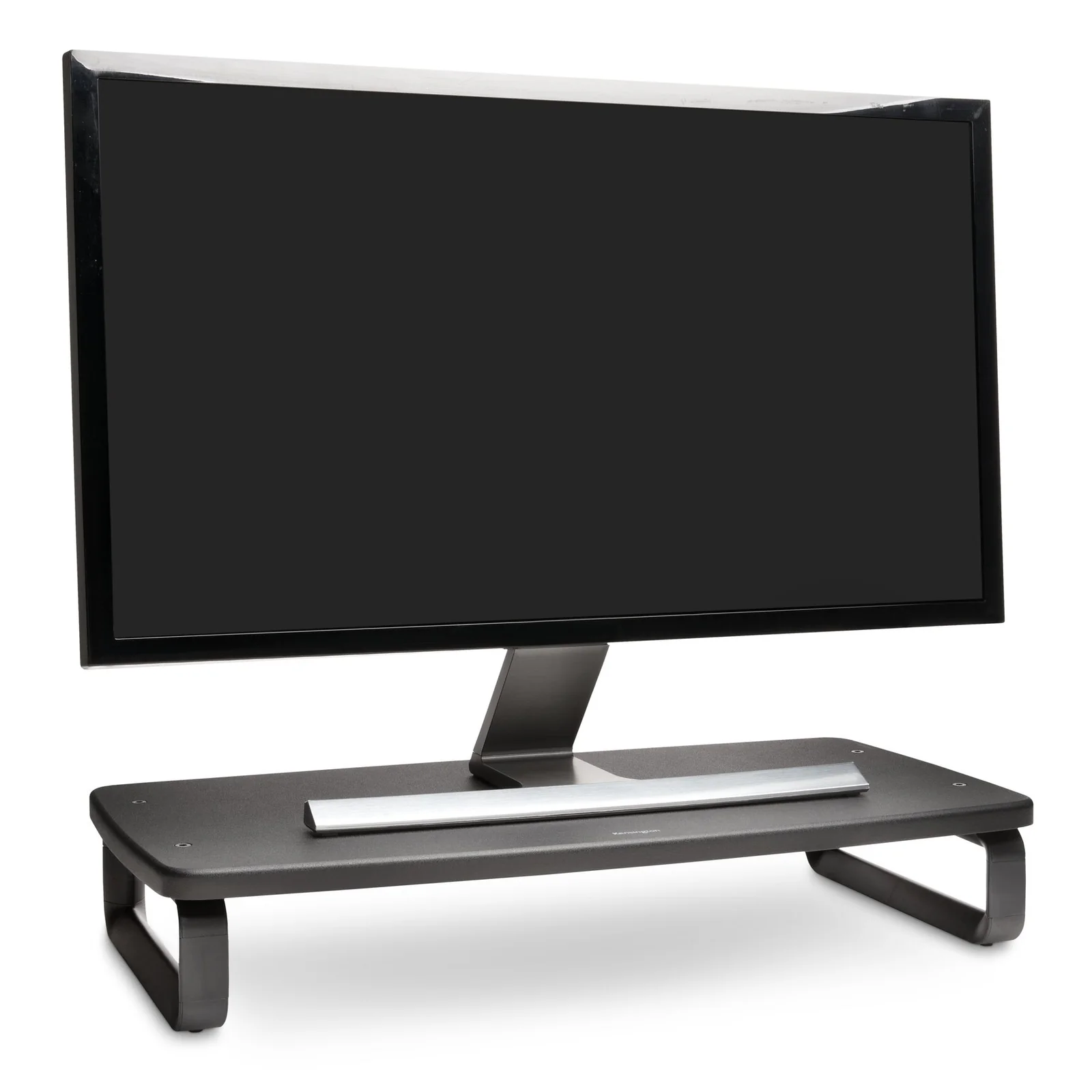 Moniteur posé sur le support Kensington SmartFit, vue de côté, position surélevée