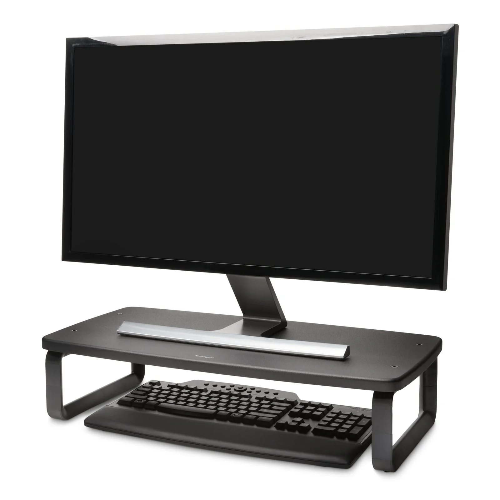 Support SmartFit avec moniteur en hauteur et clavier rangé sous le plateau, vue de face