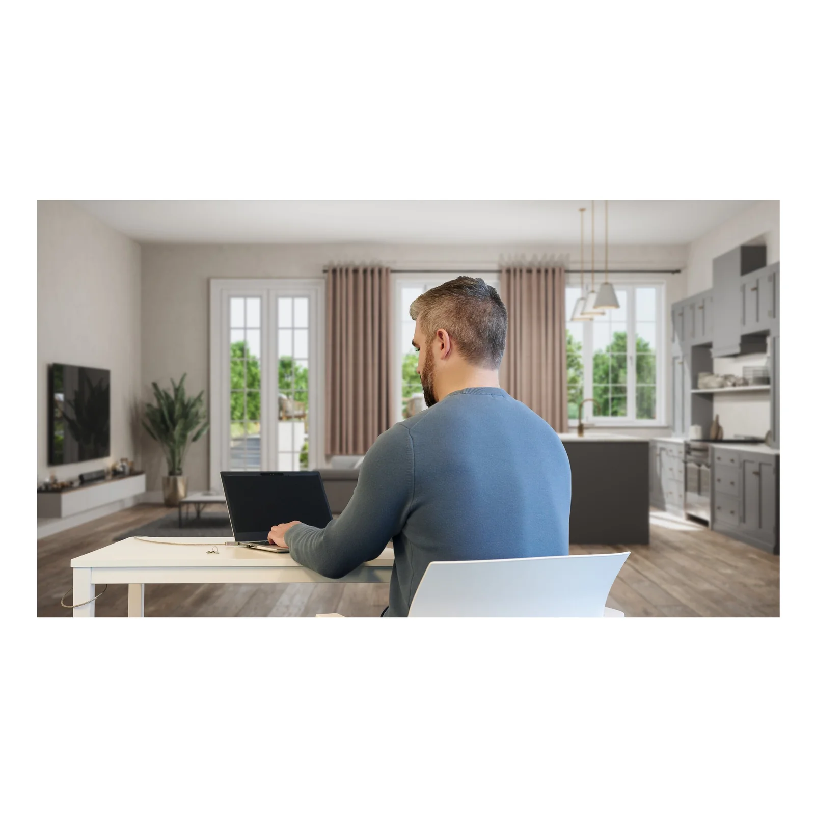 Homme dans un salon, écran TV visible en arrière-plan, usage en télétravail