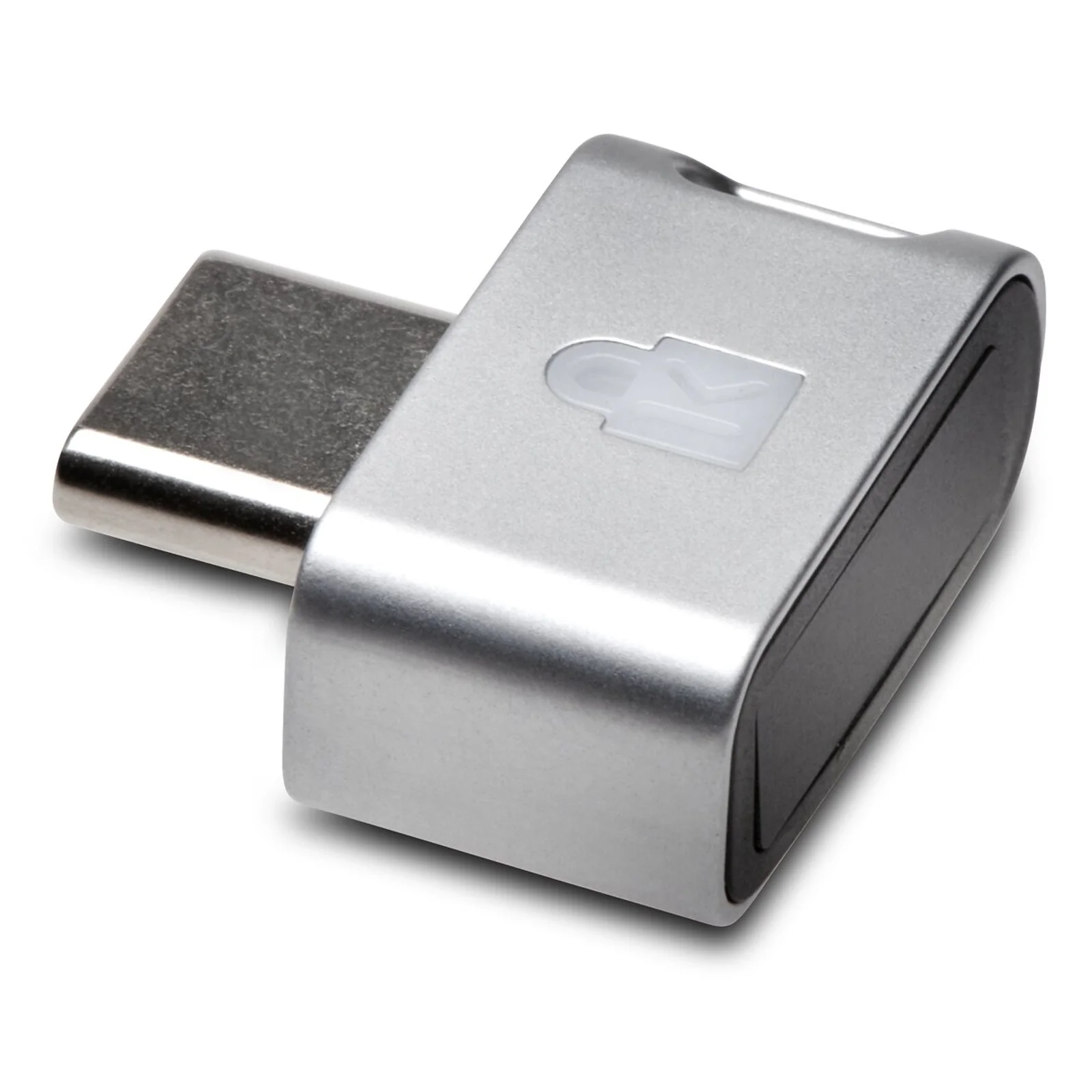 Gros plan sur le connecteur USB-C et le boîtier argenté de la clé Kensington VeriMark Guard