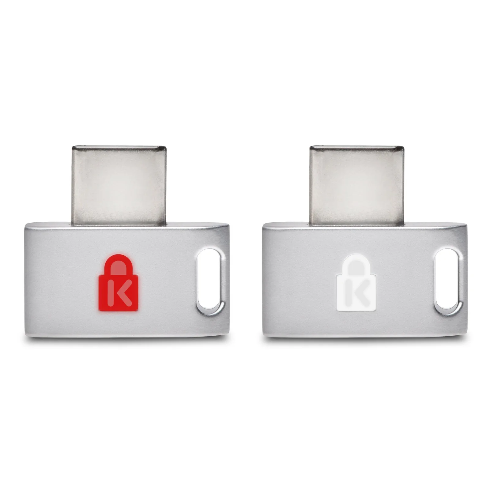 Deux faces de la clé VeriMark Guard, icônes cadenas rouge et blanc sur fond argenté