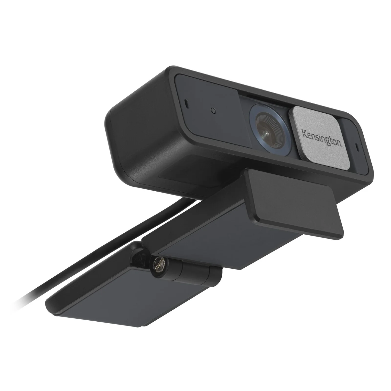 Webcam W2050 montée sur moniteur, vue de côté montrant le clip de fixation