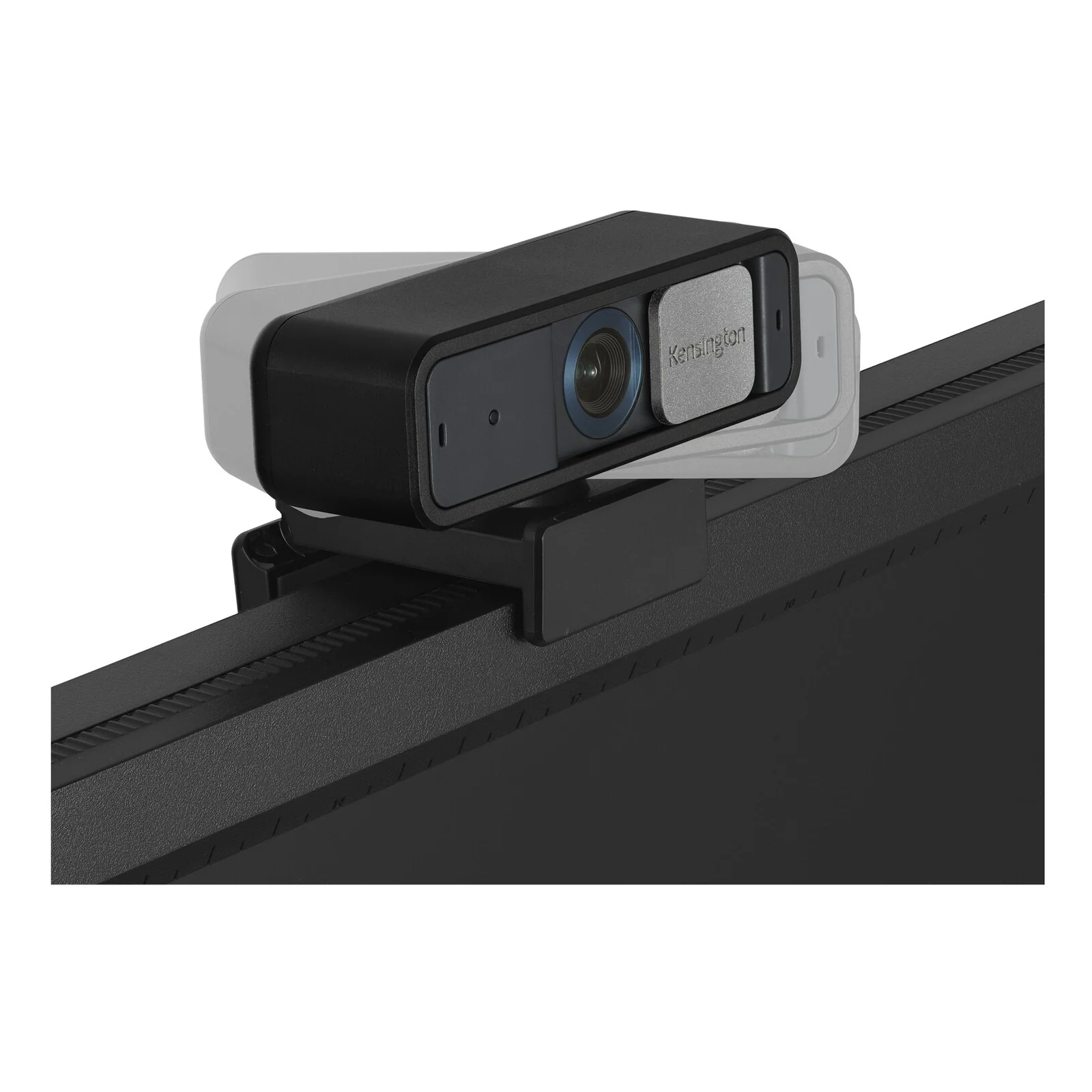 Kensington W2050 clipsée en haut d'un moniteur, vue de face centrée sur l'objectif