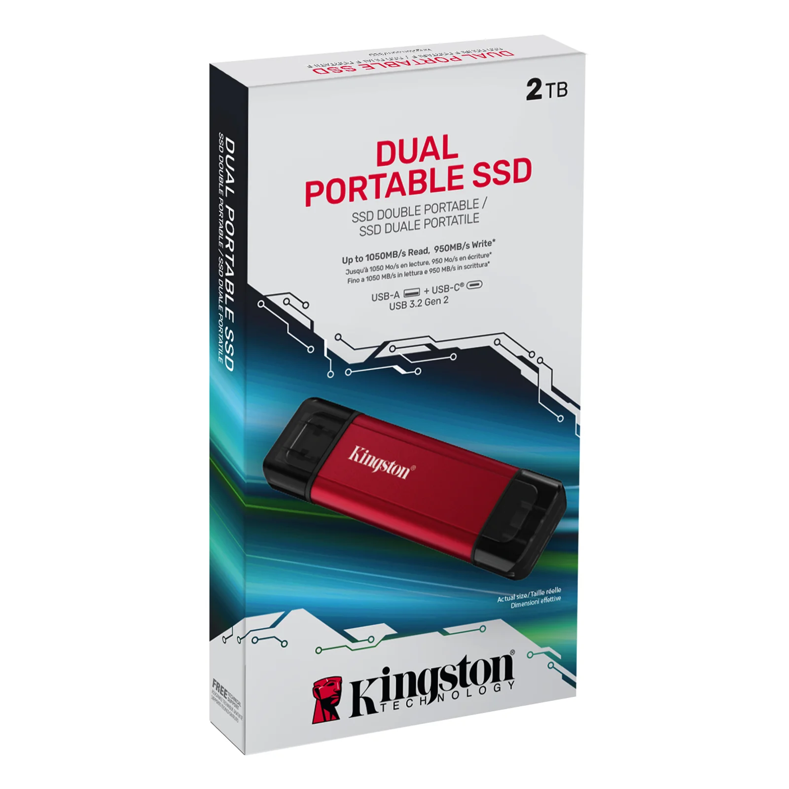 Kingston Technology 2TB Dual USB-A/C Portable SSD, Up to 1050MB/s USB 3.2 Gen 2