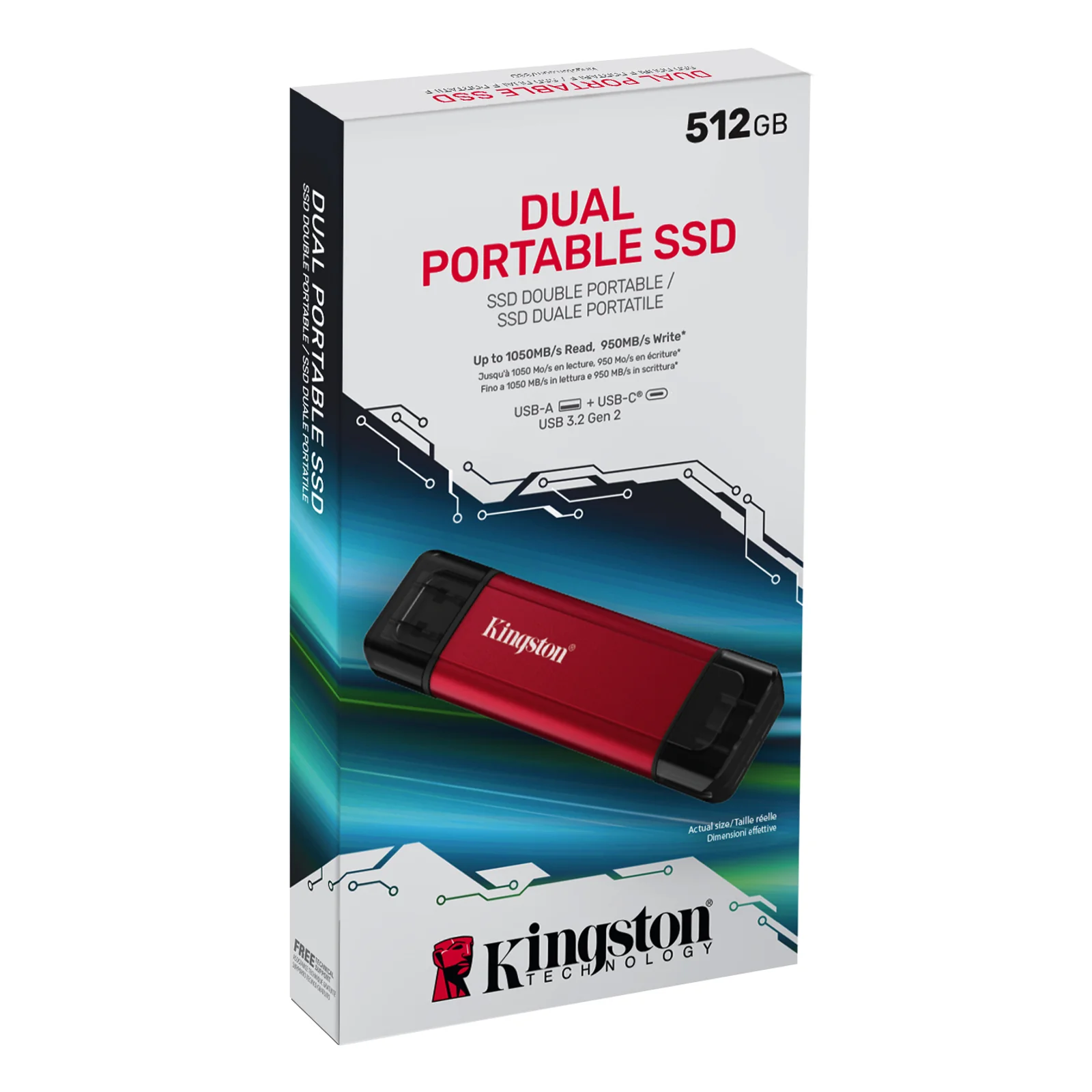 Kingston Technology 512GB Dual USB-A/C Portable SSD, Up to 1050MB/s USB 3.2 Gen 2