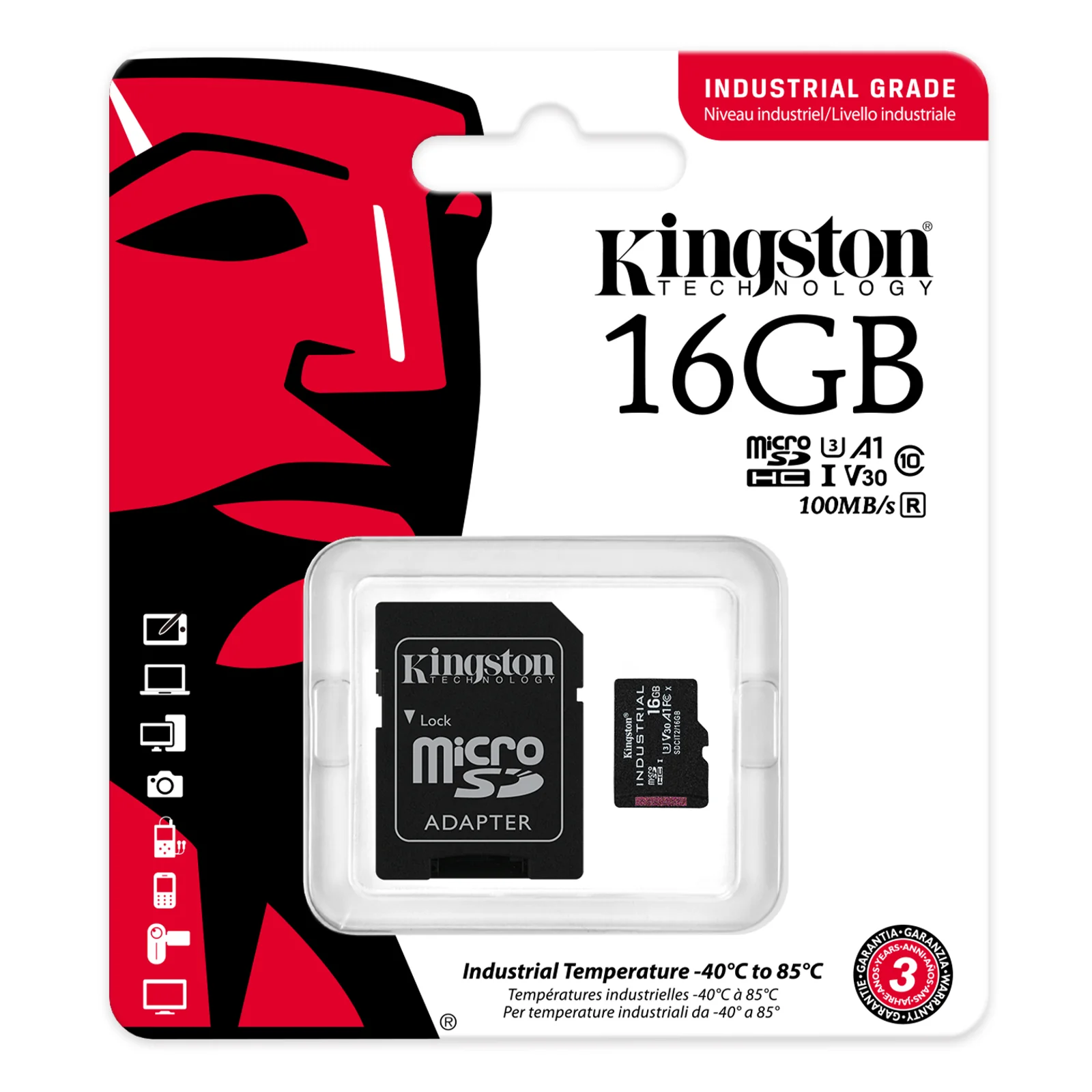 Kingston Technology Carte 16GB microSDHC Industrielle C10 A1 pSLC + adaptateur SD