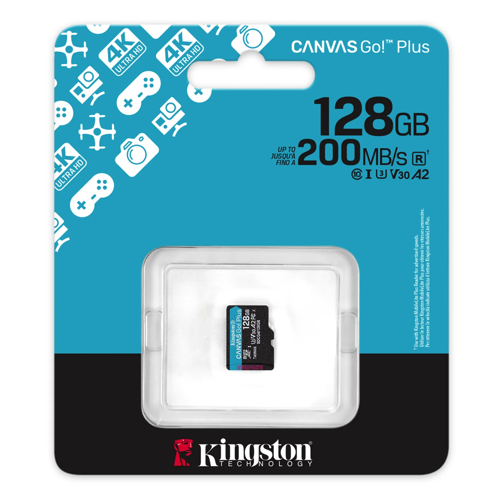 Kingston Technology Carte microSDXC Canvas Go Plus Gen4 200R A2 U3 de 128 Go, pack unique sans ADP