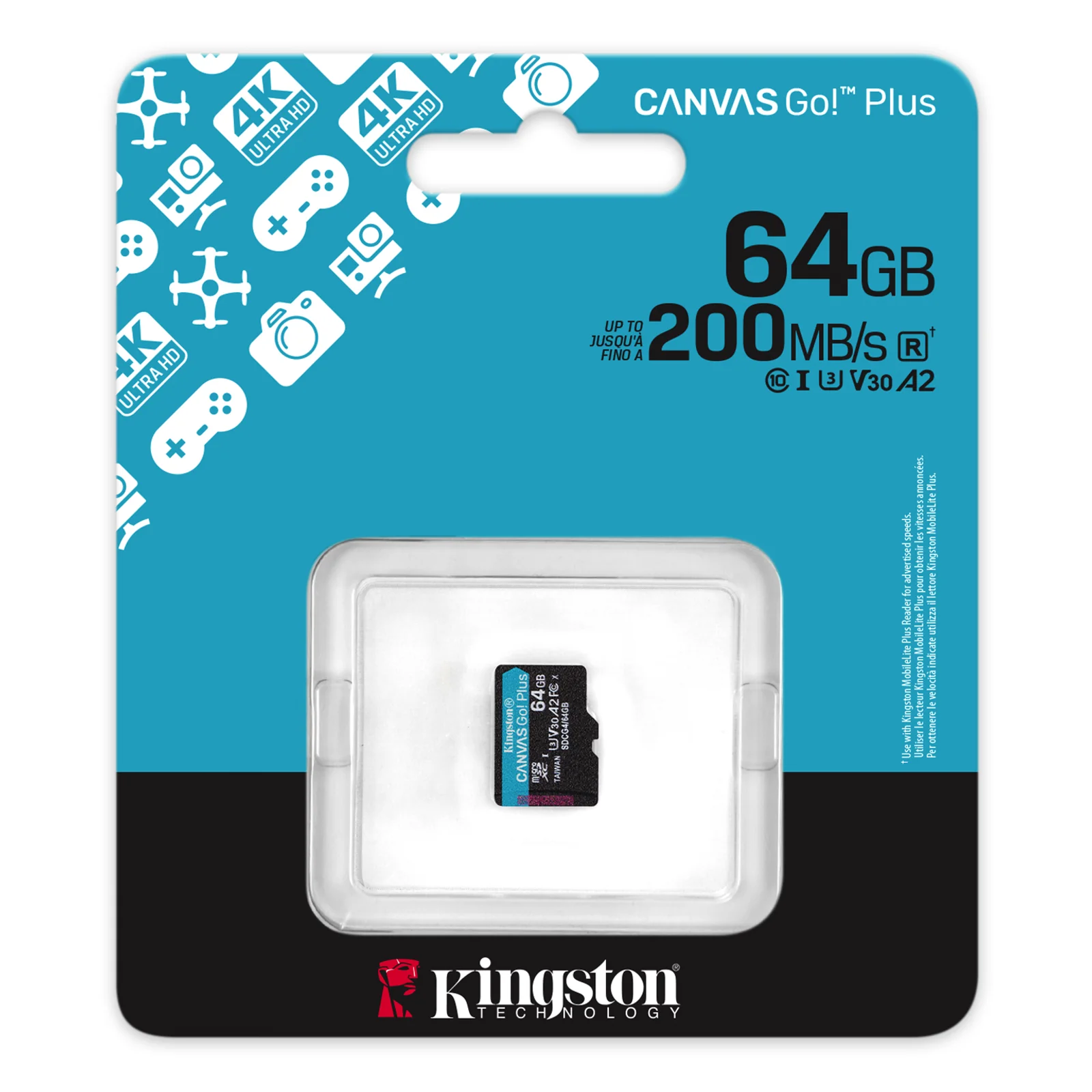 Kingston Technology Carte microSDXC Canvas Go Plus Gen4 200R A2 U3 de 64 Go, pack unique sans ADP
