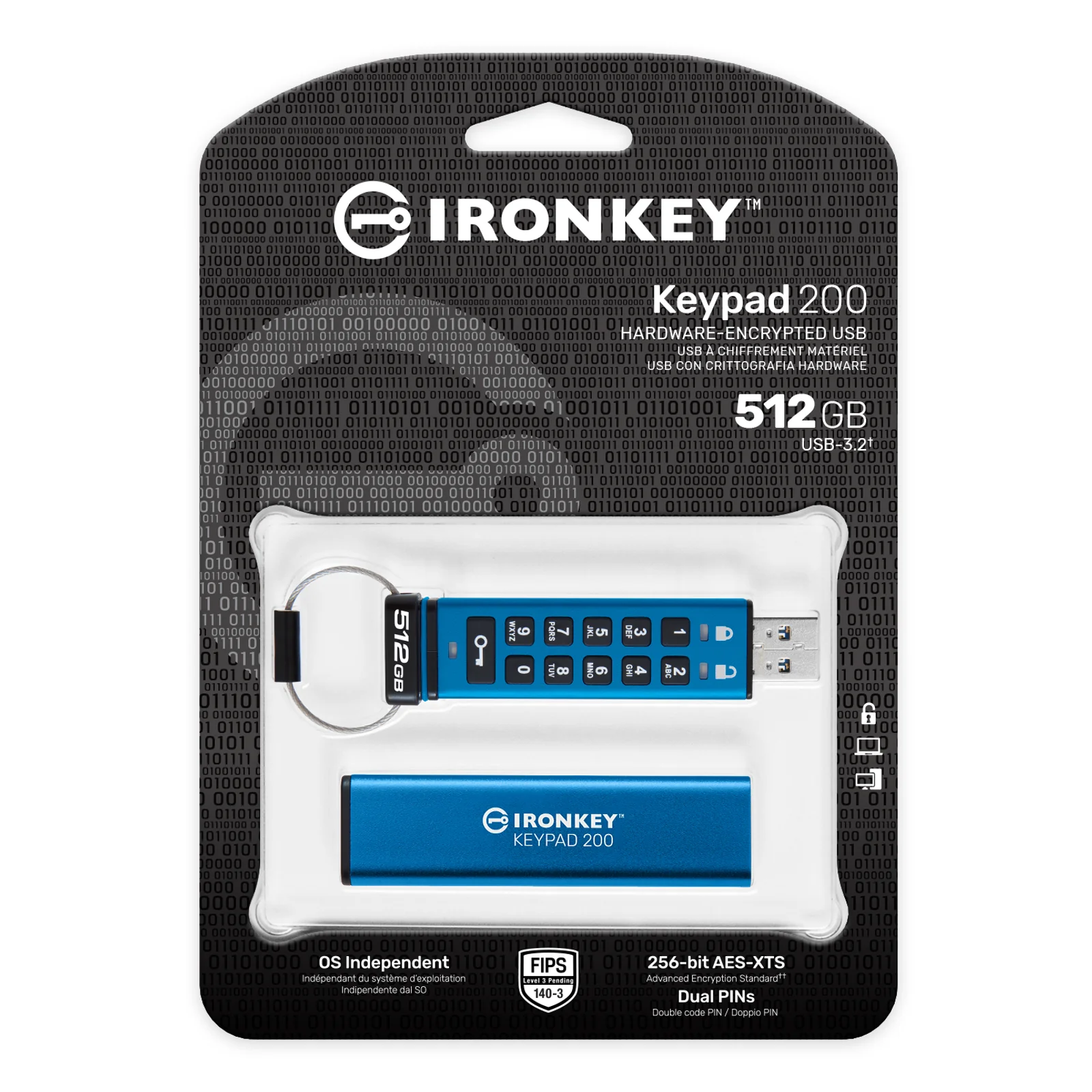 Kingston Technology IronKey Keypad 200 de 512 Go, FIPS 140-3 niveau 3, chiffrement AES-256
