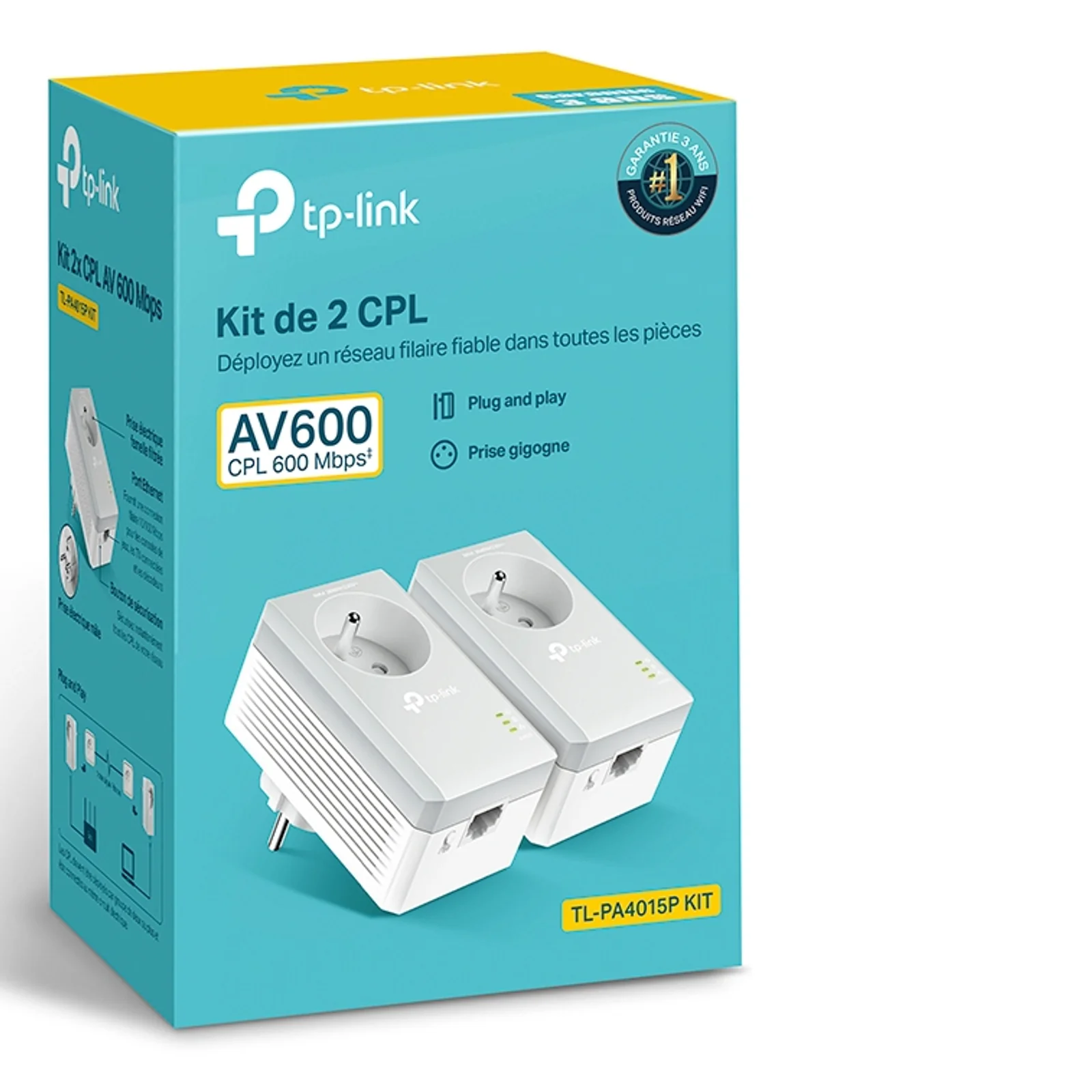 Boîte de vente au détail du kit TP-Link TL-PA4015P KIT couleurs turquoise et jaune, pictogrammes Plug and Play et Prise gigogne visibles