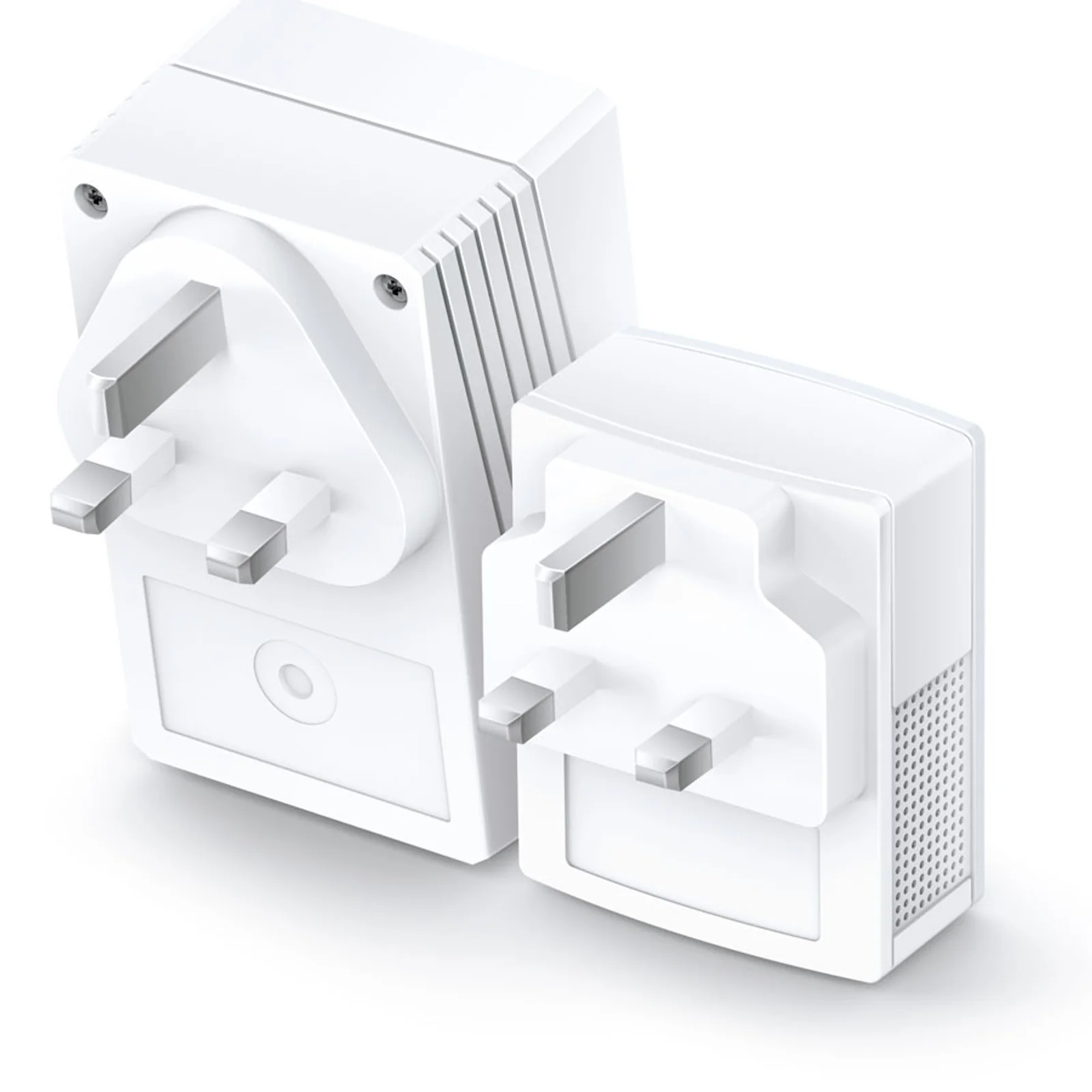 Dos de deux adaptateurs CPL blancs compacts avec fiches UK à trois broches plates, grilles de ventilation et bouton Pair visibles
