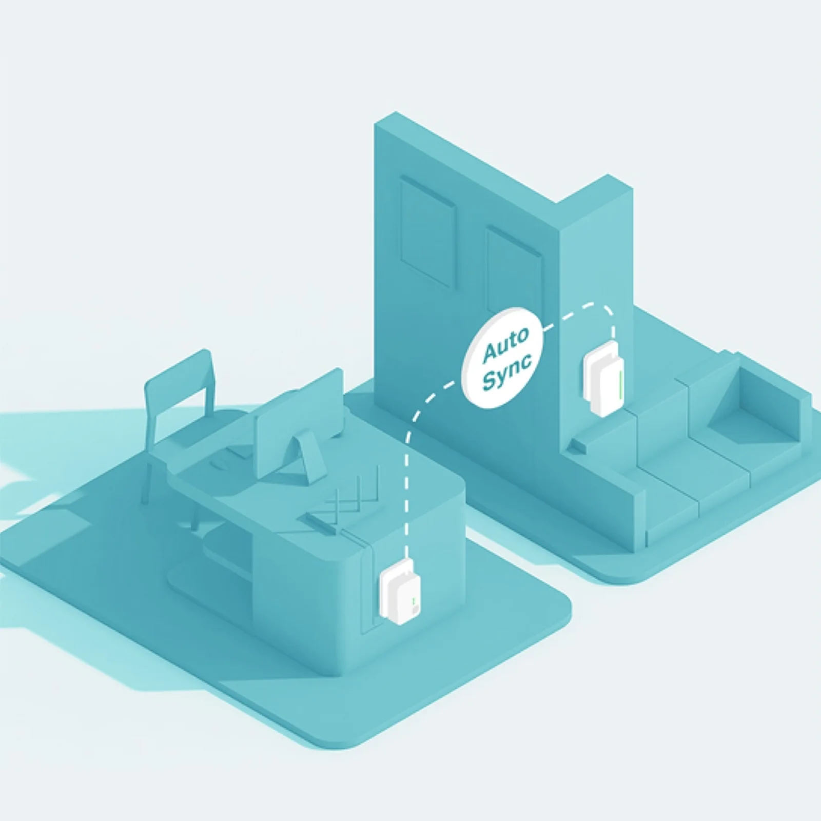 Illustration isométrique en bleu représentant la fonction Auto-Sync entre deux pièces, avec un adaptateur CPL dans chaque pièce et une connexion via la cloison