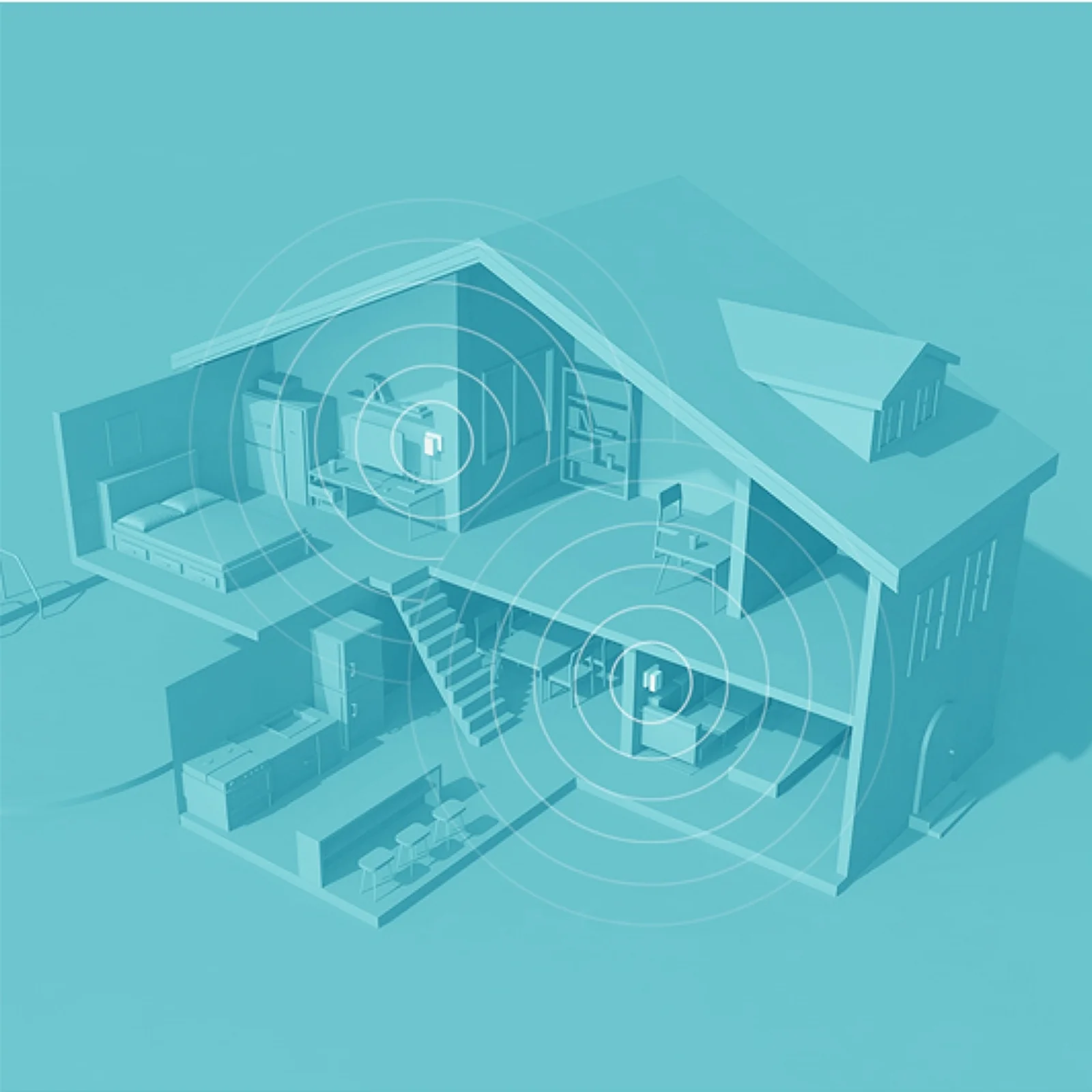 Illustration en bleu d'une maison en coupe montrant la couverture Wi-Fi étendue par des adaptateurs CPL dans plusieurs pièces sur deux niveaux