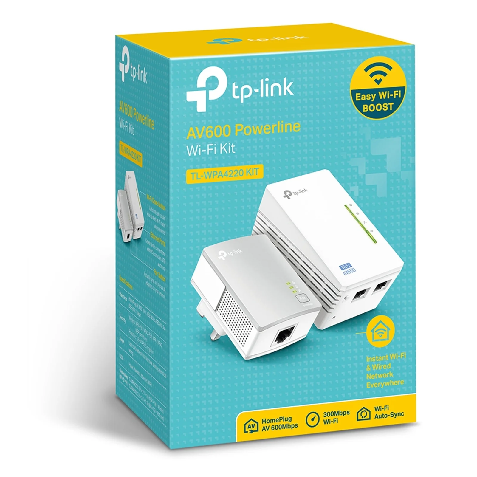 Boîte de vente au détail du TP-Link TL-WPA4220 KIT, fond turquoise et jaune, avec pictogrammes HomePlug AV 600 Mbps, Wi-Fi 300 Mbit/s et Wi-Fi Auto-Sync