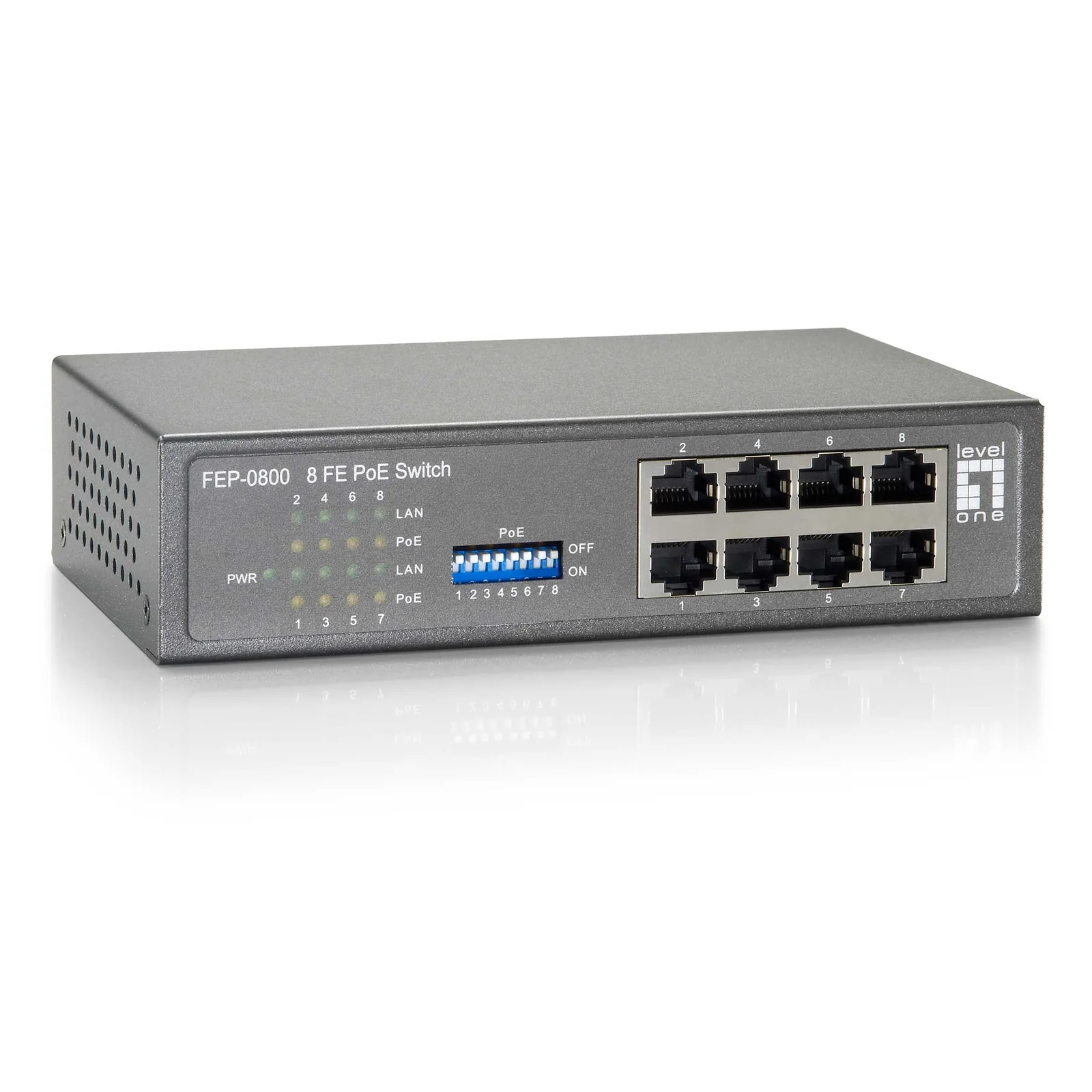 LevelOne FEP-0800 commutateur réseau Fast Ethernet (10/100) Connexion Ethernet, supportant l'alimentation via ce port (PoE) Noir, Gris