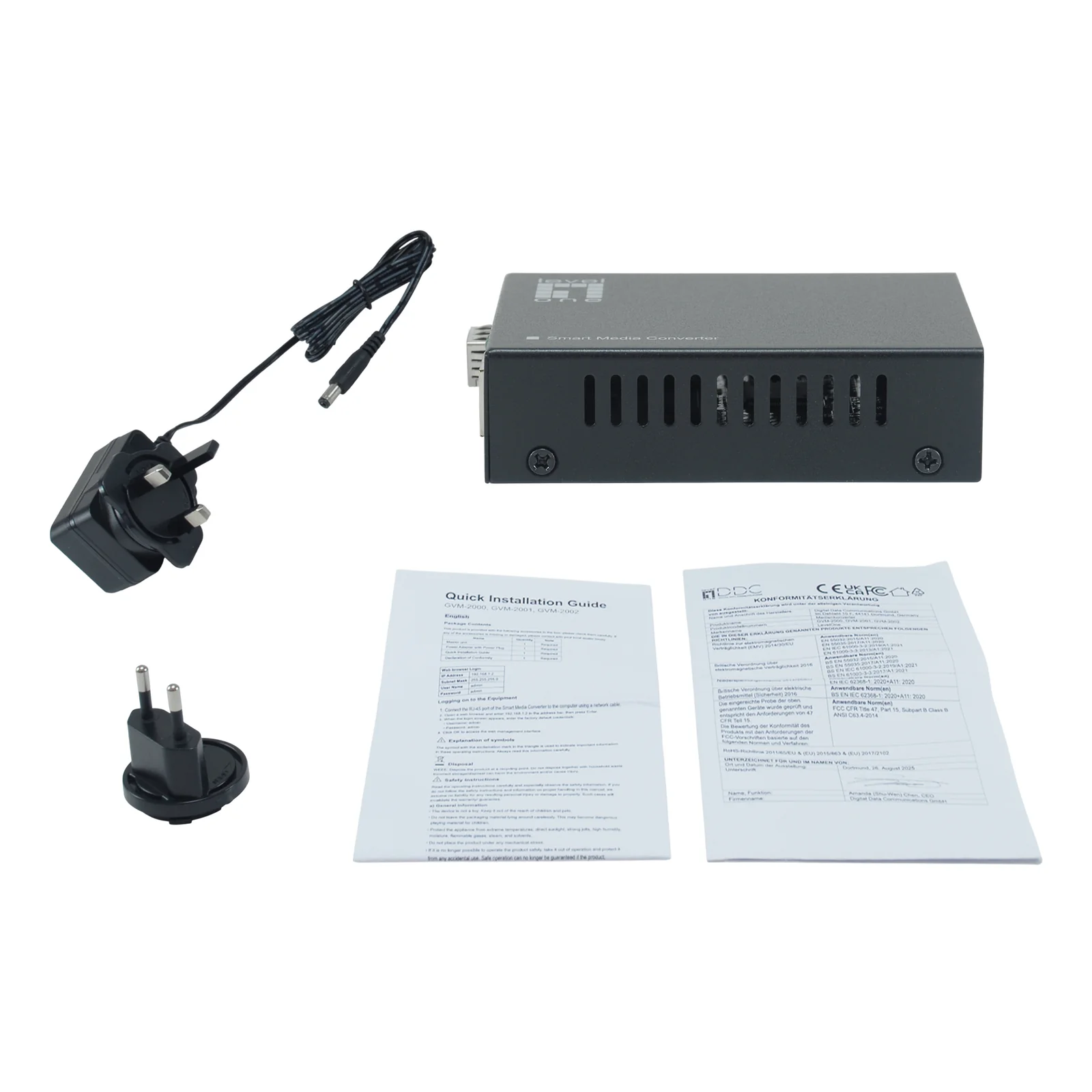 LevelOne GVM-2000 convertisseur de support réseau 1000 Mbit/s Noir
