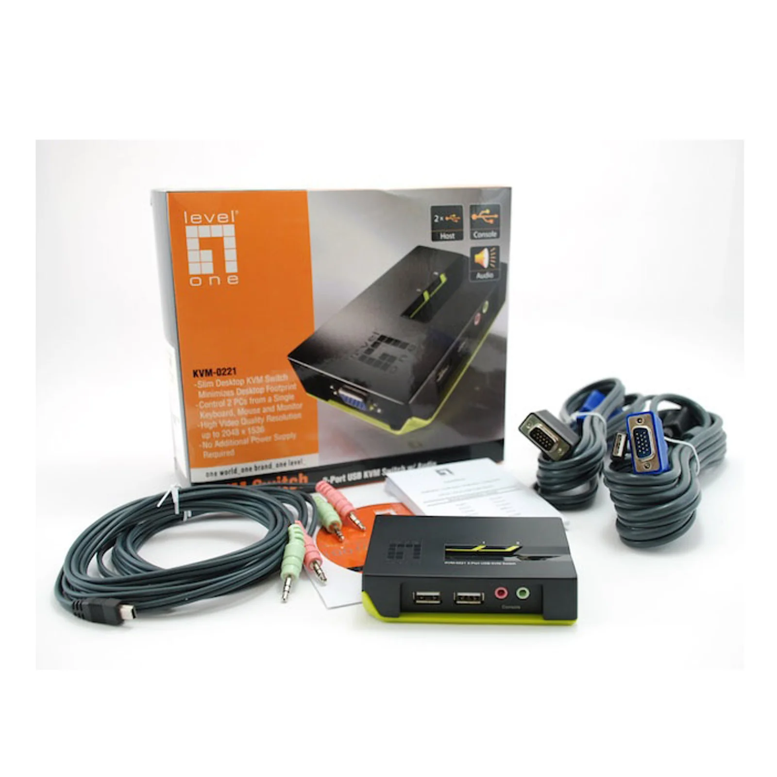 LevelOne KVM-0221 commutateur écran, clavier et souris Noir, Vert