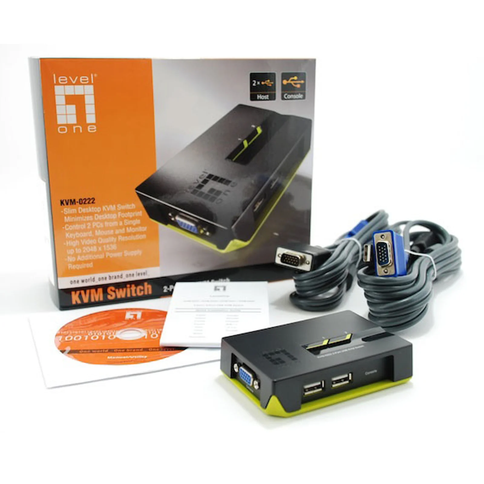 LevelOne KVM-0222 commutateur écran, clavier et souris Noir, Vert