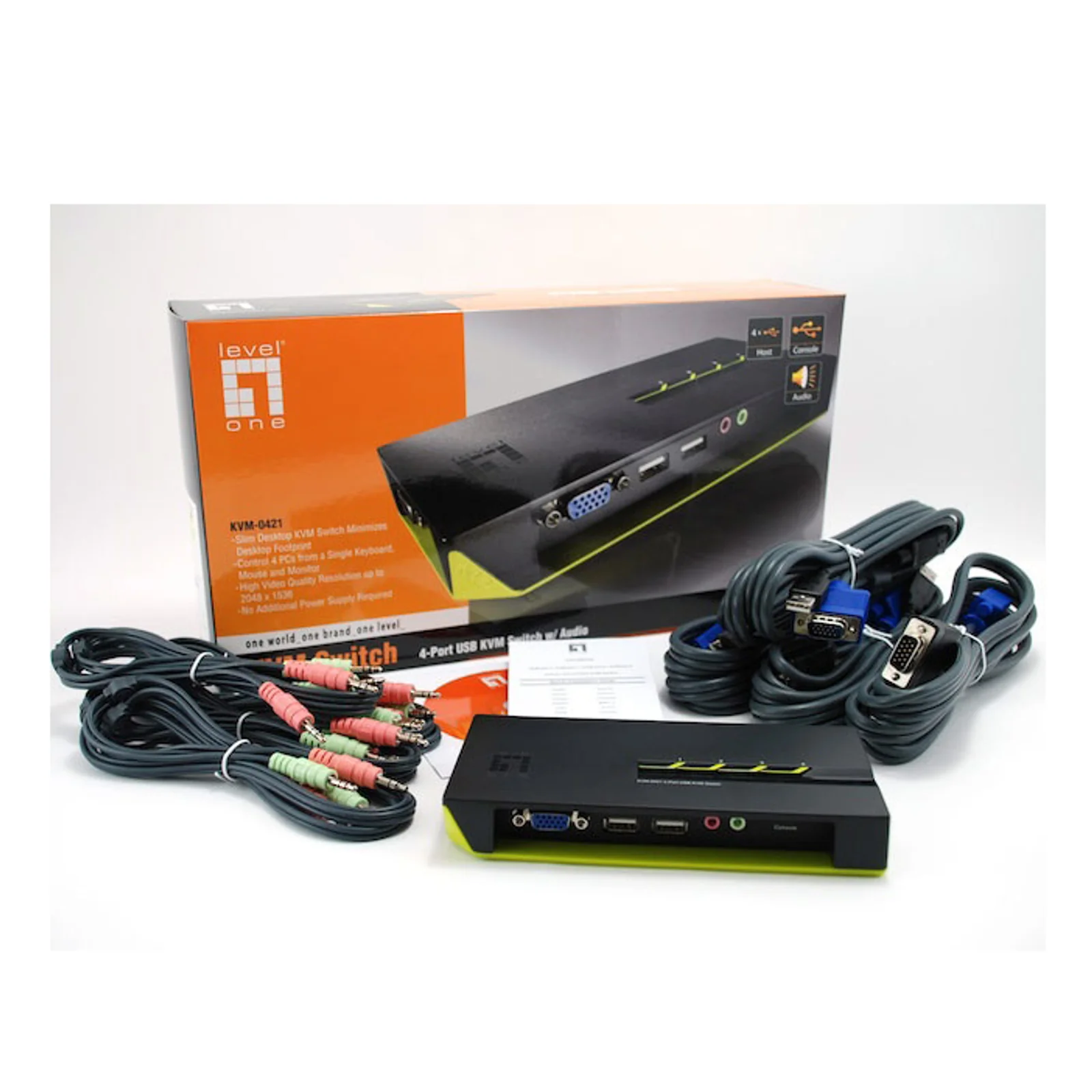 LevelOne KVM-0421 commutateur écran, clavier et souris Noir, Vert