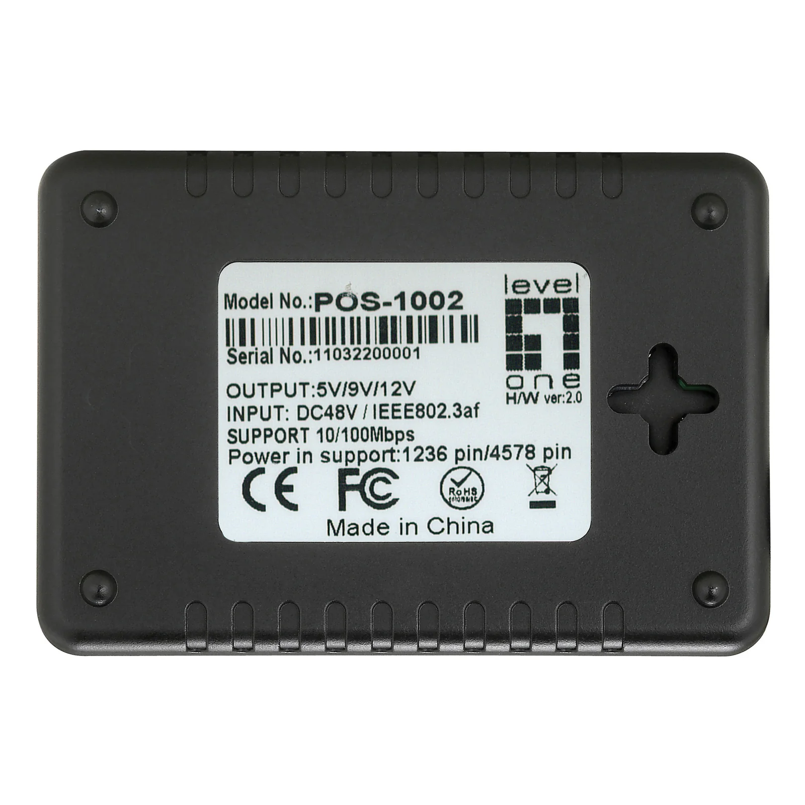 LevelOne POS-1002 séparateur voix-données Connexion Ethernet, supportant l'alimentation via ce port (PoE) Noir